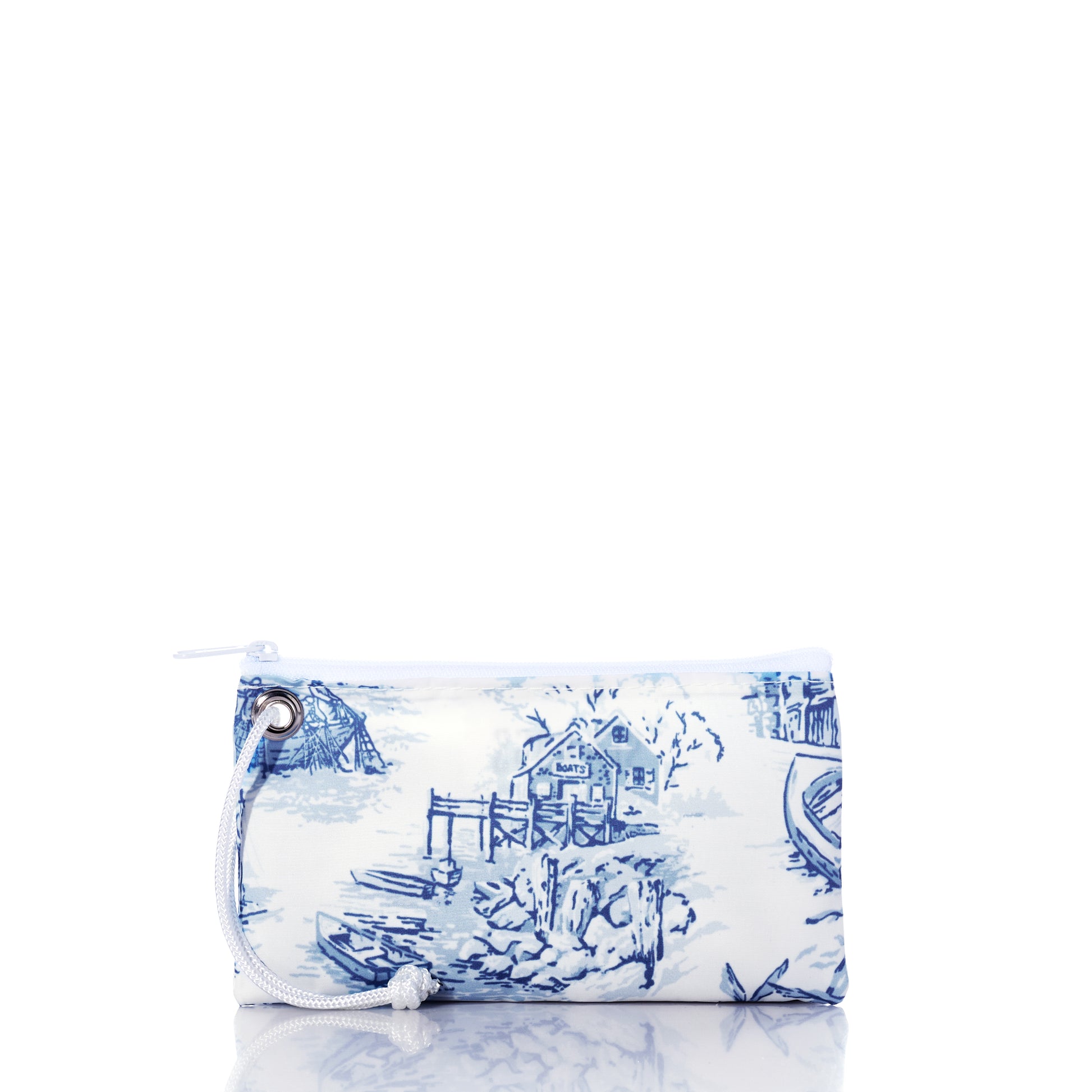 The Maine Fishing Village Wristlet by Sea Bags is a white zippered pouch made from recycled sail cloth, adorned with a blue scenic print and finished with a white wrist strap—a perfect coastal accessory, shown against a white background. by Sea Bags