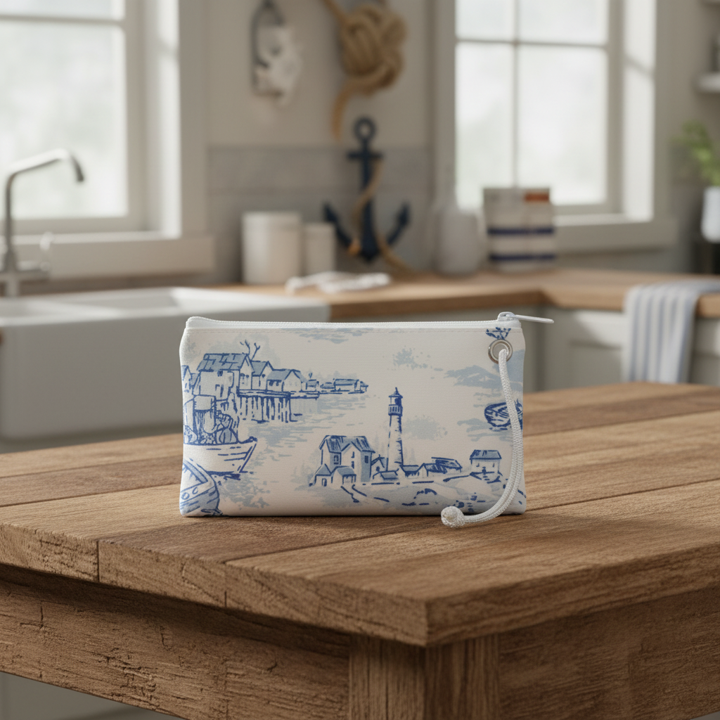 The Maine Fishing Village Wristlet by Sea Bags, crafted from recycled sail cloth and featuring a blue nautical scene print, sits on a wooden kitchen island with a sink and window in the background. by Sea Bags