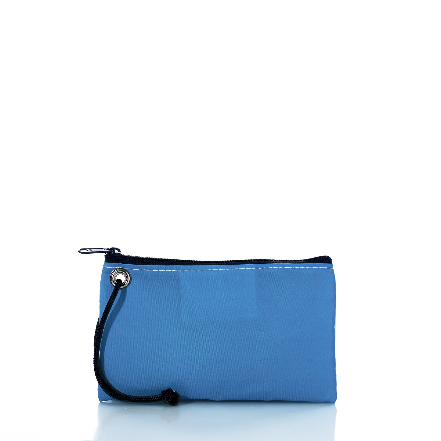The Sea Bags Life is Good Dog Days Wristlet is a small blue zippered pouch featuring a black cord attached to one corner—ideal as an essential handbag or sustainable wristlet, shown against a white background. by Sea Bags