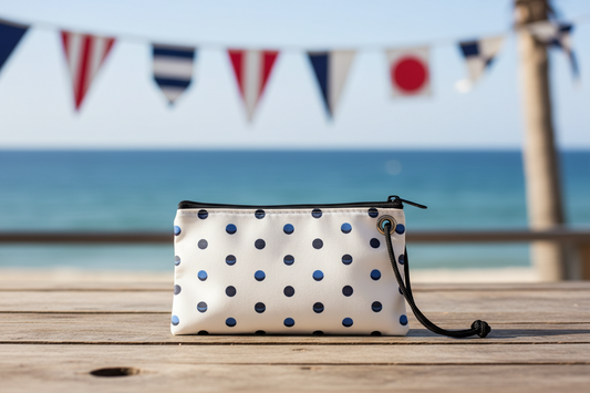 The Flip Side Summer Dots Wristlet by Sea Bags, featuring a white design with blue polka dots and crafted from reclaimed sailcloth, rests on a wooden table outdoors with the ocean and nautical-themed bunting in the background. by Sea Bags