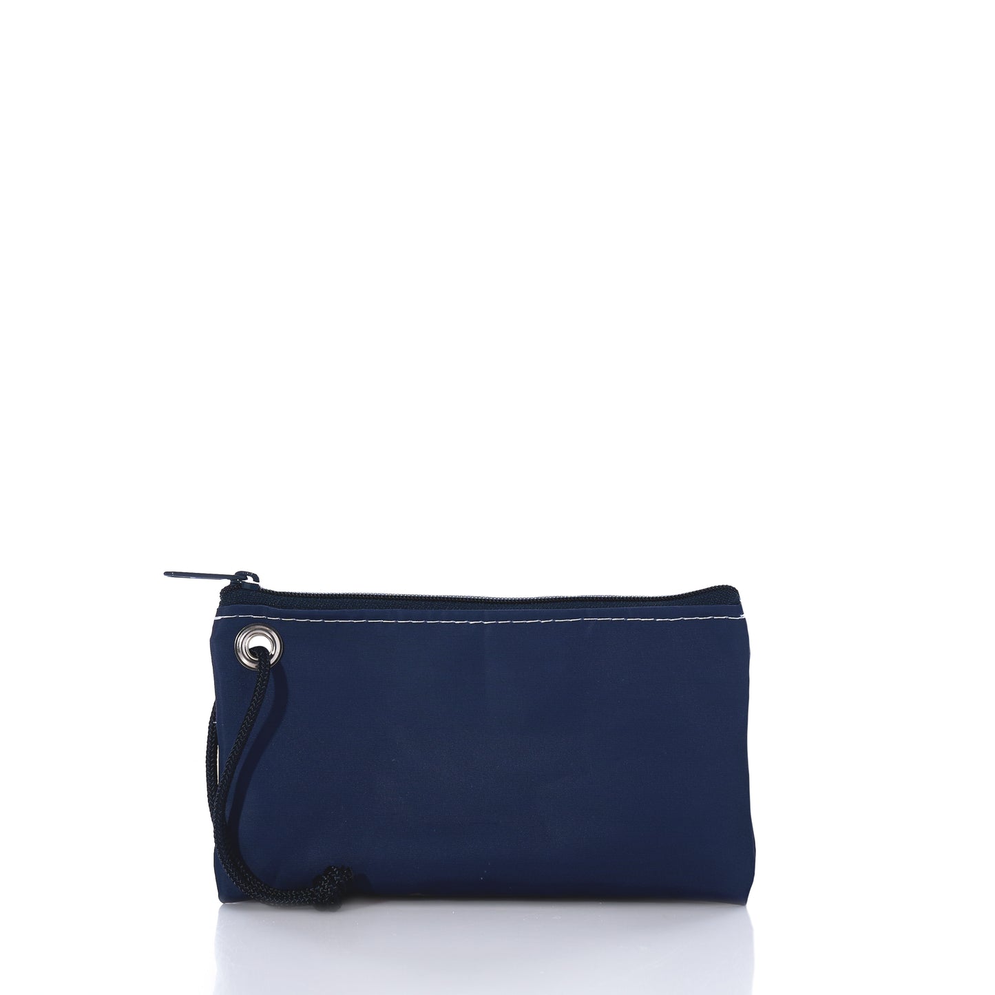 The Sea Bags 250th Patriotic Pine Wristlet is a small navy blue zippered pouch, crafted from recycled sailcloth with a black wrist strap and visible white stitching, shown against a plain white background—a classic Maine accessory with timeless coastal style. by Sea Bags