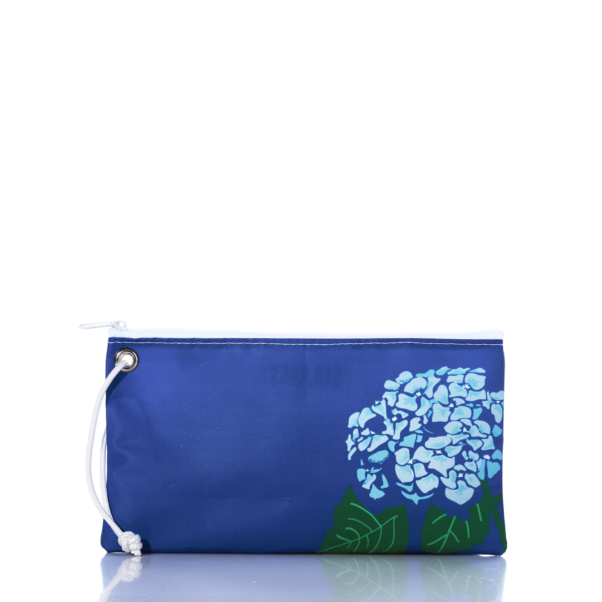 The Harbor Blue Hydrangea Large Wristlet by Sea Bags is a blue zippered pouch made from recycled sail cloth, featuring a white cord and a light blue hydrangea flower with green leaves printed in the bottom right corner—making it a charming addition to any collection of coastal accessories. by Sea Bags