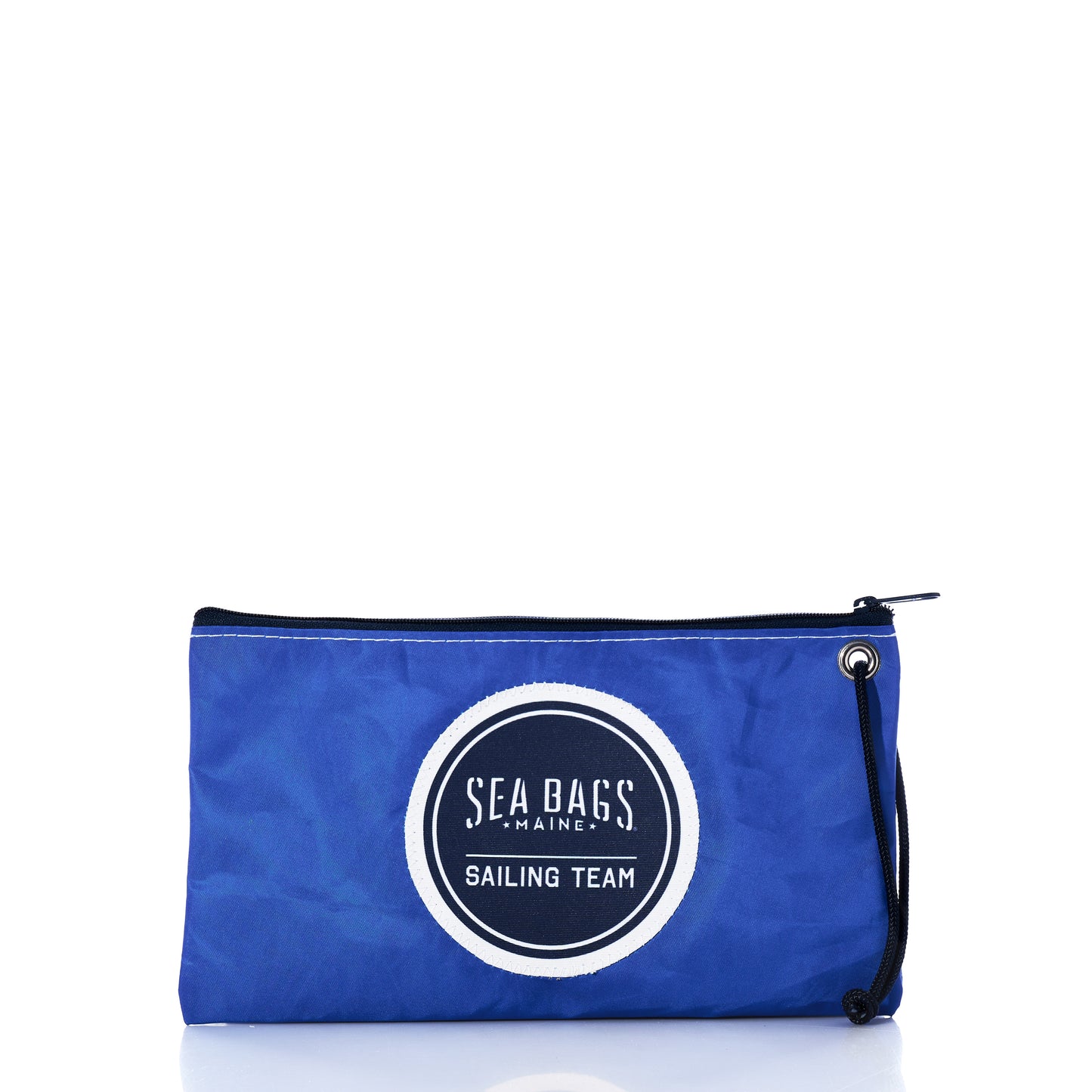 The Sea Bags Race Day Large Wristlet is a blue zippered pouch with a black strap and showcases a circular Sea Bags Sailing Team logo on the front. Crafted from recycled sail bags, this nautical wristlet combines eco-friendly materials with distinctive maritime style. by Sea Bags