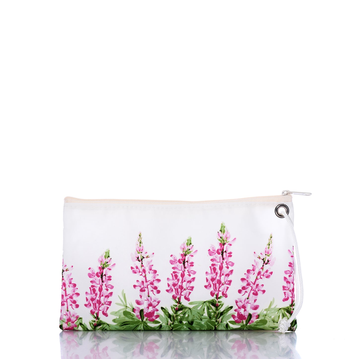 The Pink Lupine Large Wristlet by Sea Bags is a white zippered pouch with a wrist strap, adorned with pink and green floral designs along the bottom edge. Photographed on a white background, this sustainable organizer channels the charm of a wildflower wallet, blending practical style with eco-friendly appeal. by Sea Bags