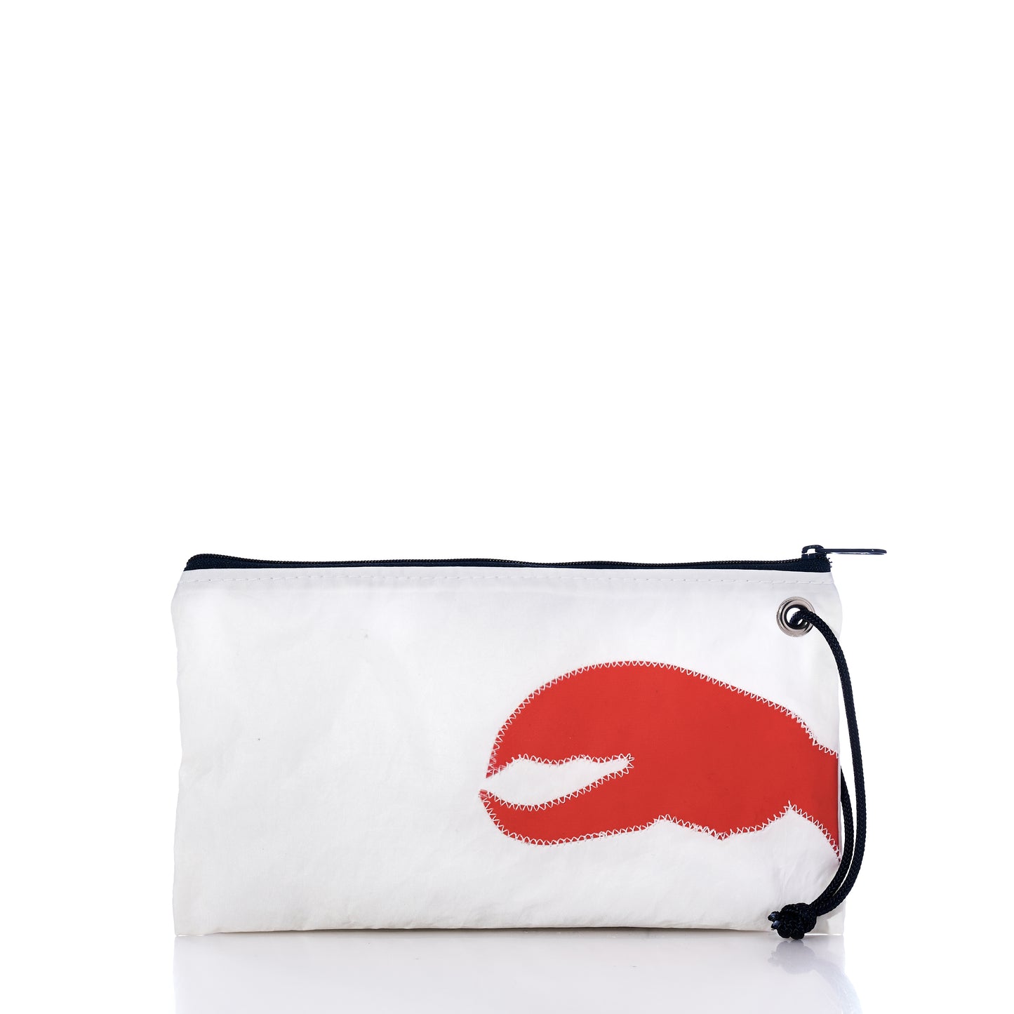 Introducing the Trapline Large Wristlet - Lobster Claw by Sea Bags: an ocean-inspired accessory crafted from recycled fisherman’s bib material, featuring a white zippered pouch with a black drawstring and a bold red lobster claw graphic in the lower right corner. Perfect for carrying your small essentials with coastal flair. by Sea Bags