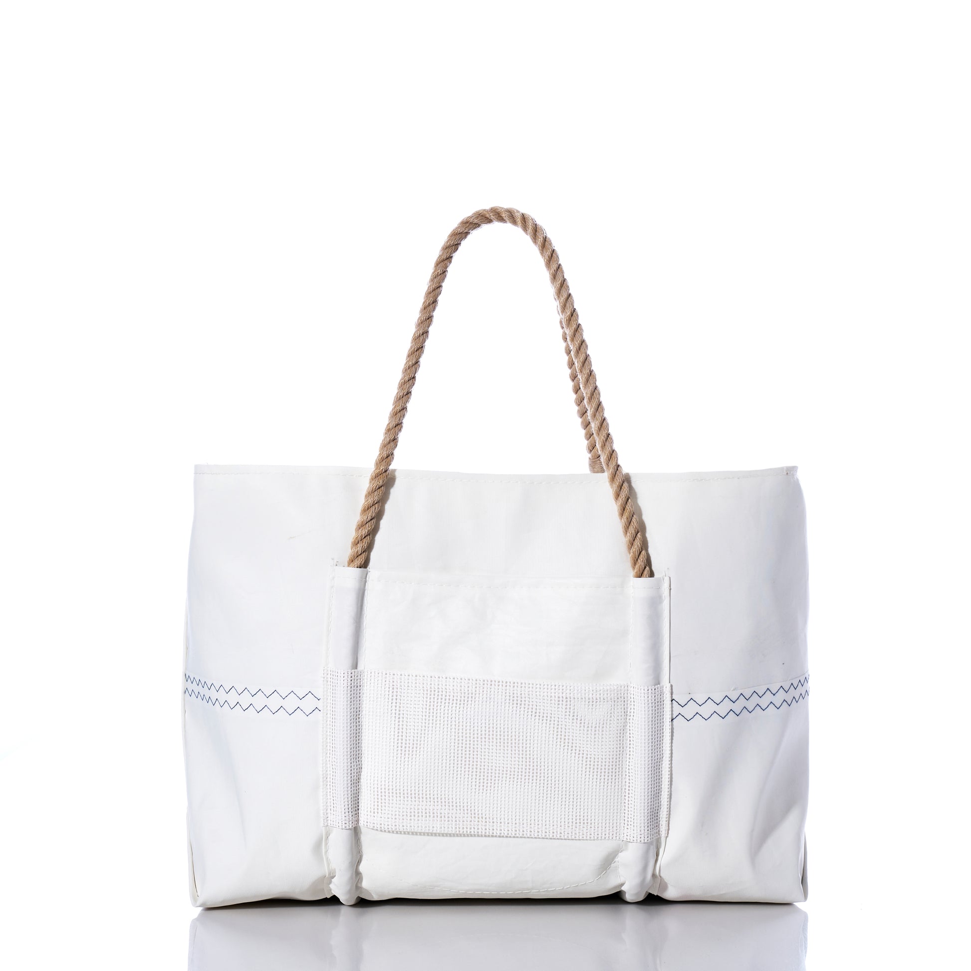 The Sea Bags Trolley Sleeve Travel Tote, crafted from recycled sailcloth, is a large white bag featuring sturdy rope handles, a mesh trolley sleeve for travel convenience, and an external front pocket—displayed on a white background. by Sea Bags