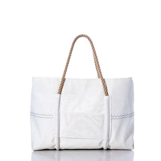 The Sea Bags Trolley Sleeve Travel Tote, crafted from recycled sailcloth, is a large white bag featuring sturdy rope handles, a mesh trolley sleeve for travel convenience, and an external front pocket—displayed on a white background. by Sea Bags