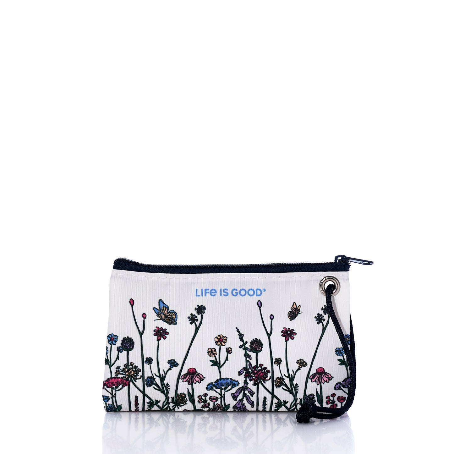 The Sea Bags Life is Good Wildflowers Wristlet features a white zippered pouch with a black strap, beautifully adorned with colorful wildflowers and butterflies. “Life is Good” is printed in blue near the top. Handcrafted in Maine, this stylish accessory blends sustainability with charm. by Sea Bags