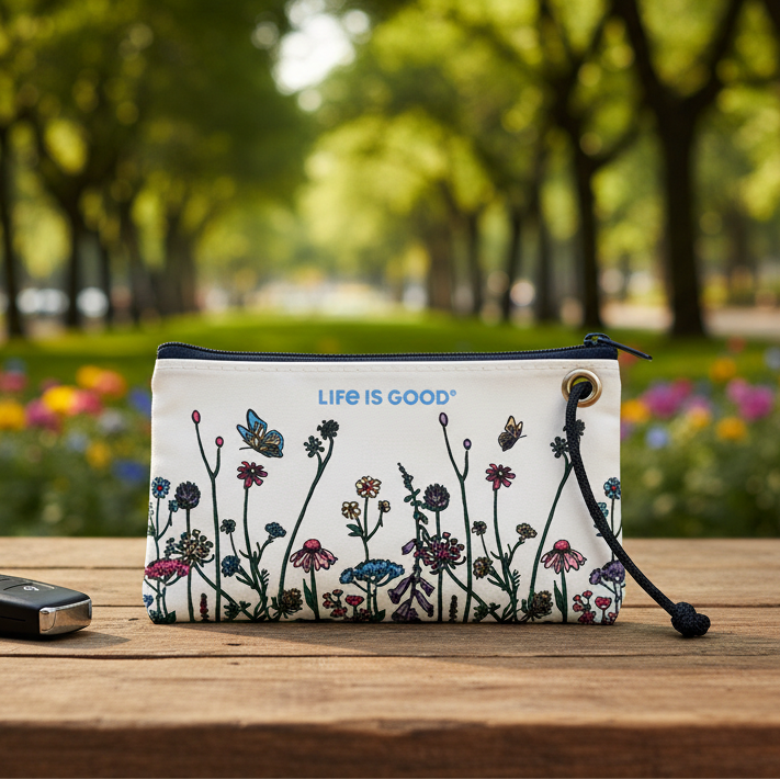 The Sea Bags Life is Good Wildflowers Wristlet, featuring handcrafted floral and butterfly designs along with the phrase LIFE IS GOOD, rests on a wooden bench in a park, accompanied by a car key and surrounded by trees in the background. by Sea Bags