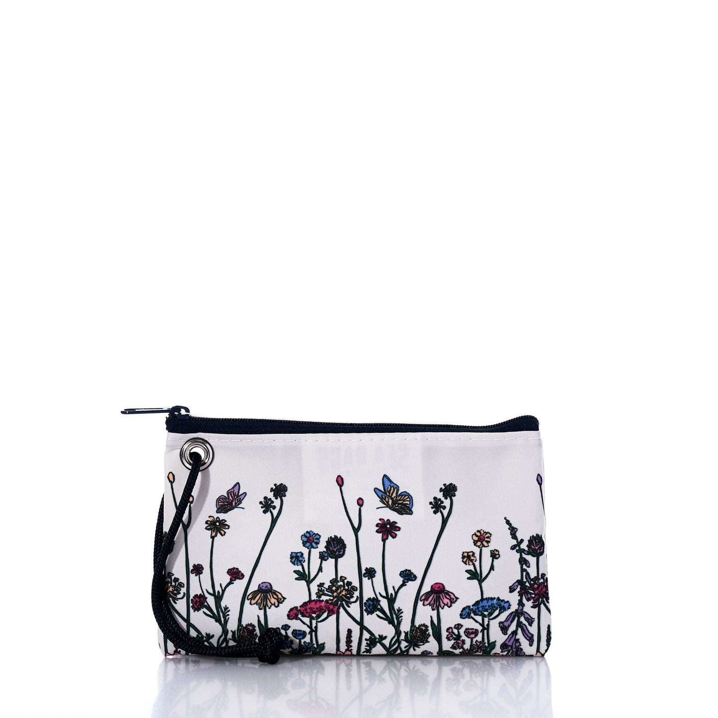 Introducing the Sea Bags Life is Good Wildflowers Wristlet—a rectangular white zippered pouch handcrafted in Maine from recycled sail material. This stylish accessory features a black strap and a vibrant floral and butterfly design on the front, combining sustainability with eye-catching charm. by Sea Bags