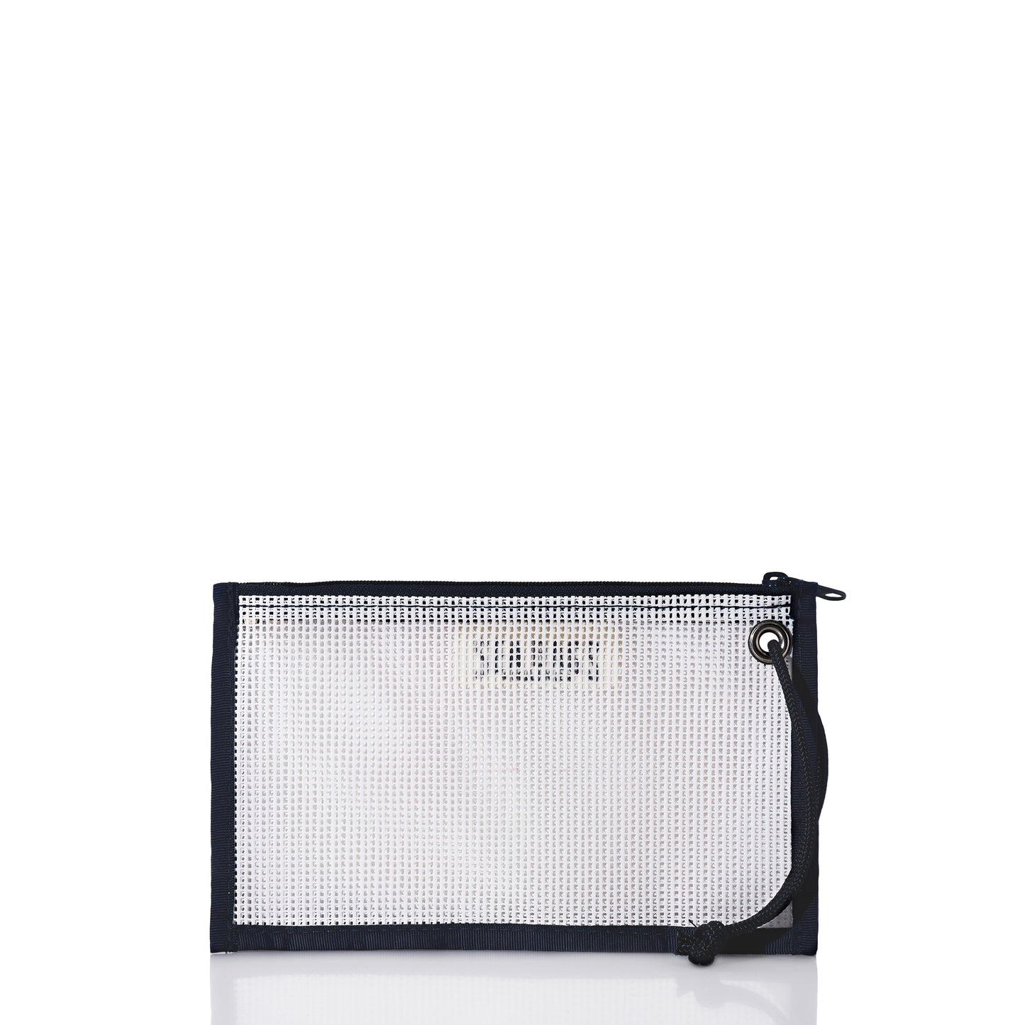Introducing the Mesh Tote Organizer Pouch by Sea Bags—a rectangular white pouch crafted from durable marine-grade mesh, featuring black trim, a zipper closure, and a convenient black wrist strap. Displayed against a white background, this versatile organizer keeps your essentials secure and visible—ideal as a Beach Bag Organizer or Mesh Tote Organizer. by Sea Bags
