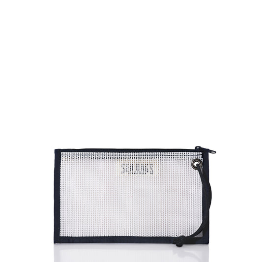 Introducing the Mesh Tote Organizer Pouch by Sea Bags—a rectangular white pouch crafted from durable marine-grade mesh, featuring black trim, a zipper closure, and a convenient black wrist strap. Displayed against a white background, this versatile organizer keeps your essentials secure and visible—ideal as a Beach Bag Organizer or Mesh Tote Organizer. by Sea Bags