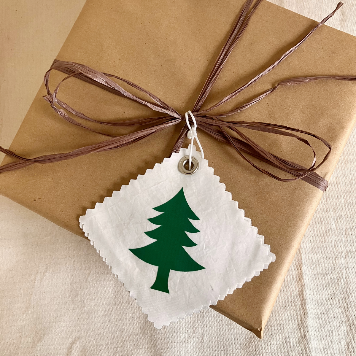 A sustainable gift wrapped in brown paper, adorned with a brown ribbon and finished with a Sea Bags Pine Tree Sail Cloth Gift Tag—perfect for eco-conscious celebrations. by Sea Bags