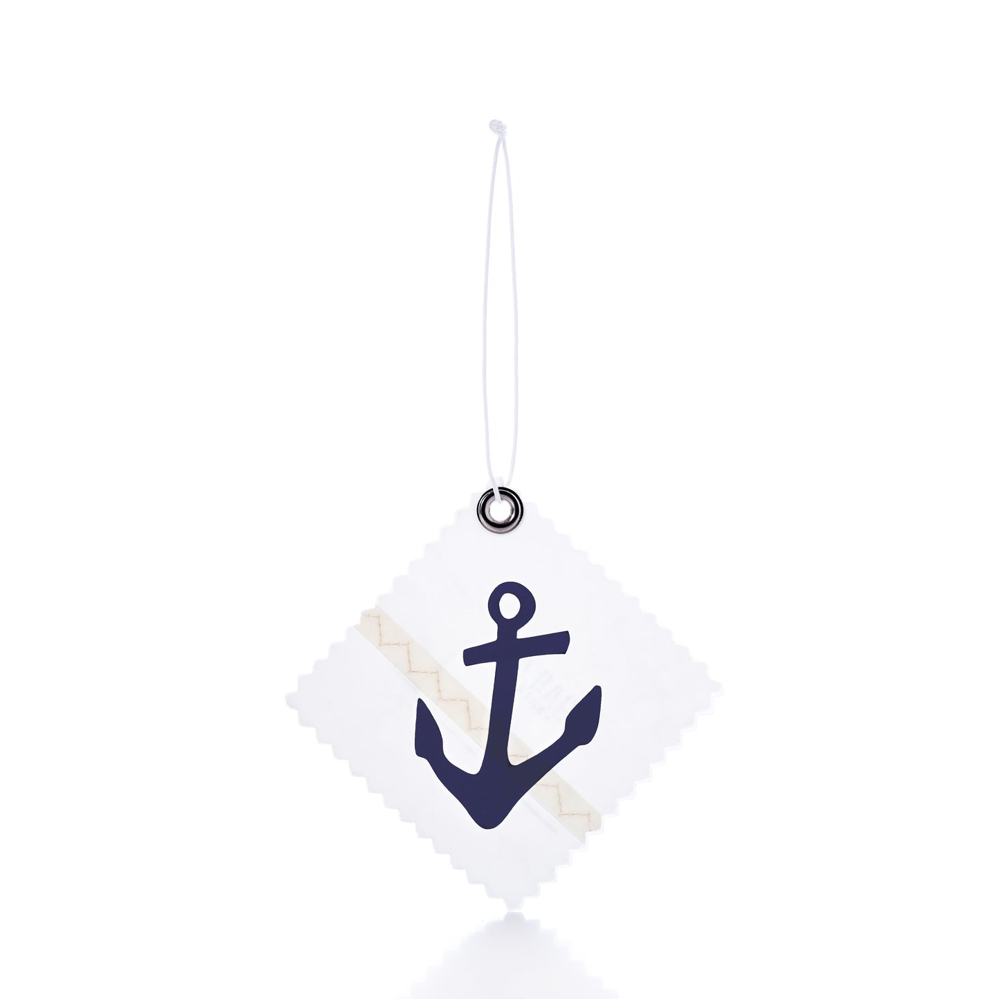 Introducing the Navy Anchor Sail Cloth Gift Tag by Sea Bags—a white, square-shaped tag upcycled from recycled sailcloth, featuring zigzag edges, a navy blue anchor graphic, and a diagonal beige stripe. It hangs from a white string, making it perfect for sustainable gift wrapping or as an anchor bag charm. by Sea Bags