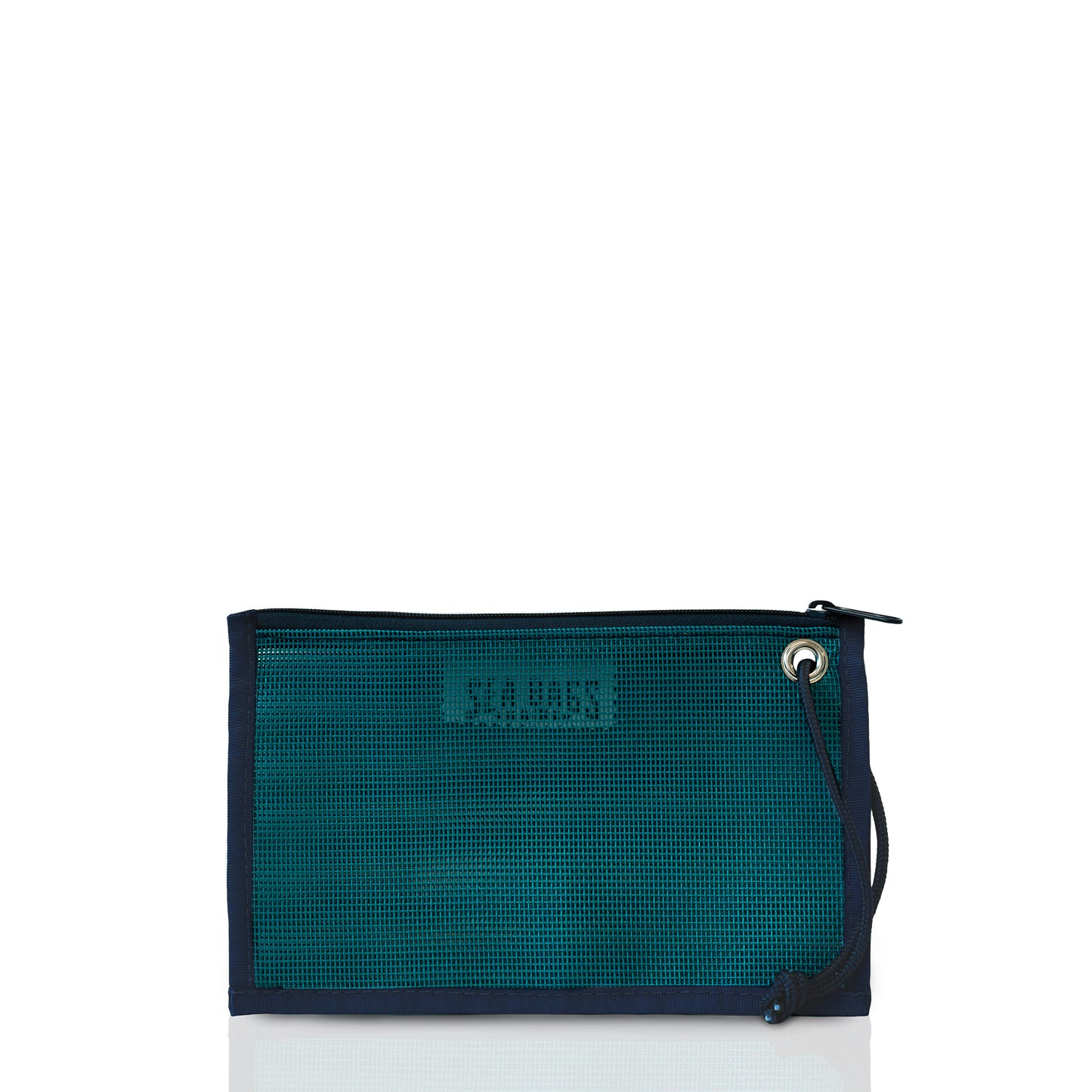 The Sea Bags Ocean Teal Mesh Tote Organizer Pouch is a rectangular marine-grade mesh pouch in teal with navy trim, featuring a metal grommet at the top right corner and an attached wrist strap—ideal for keeping your daily essentials organized while traveling. by Sea Bags