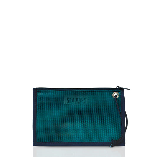 The Sea Bags Ocean Teal Mesh Tote Organizer Pouch is a rectangular marine-grade mesh pouch in teal with navy trim, featuring a metal grommet at the top right corner and an attached wrist strap—ideal for keeping your daily essentials organized while traveling. by Sea Bags