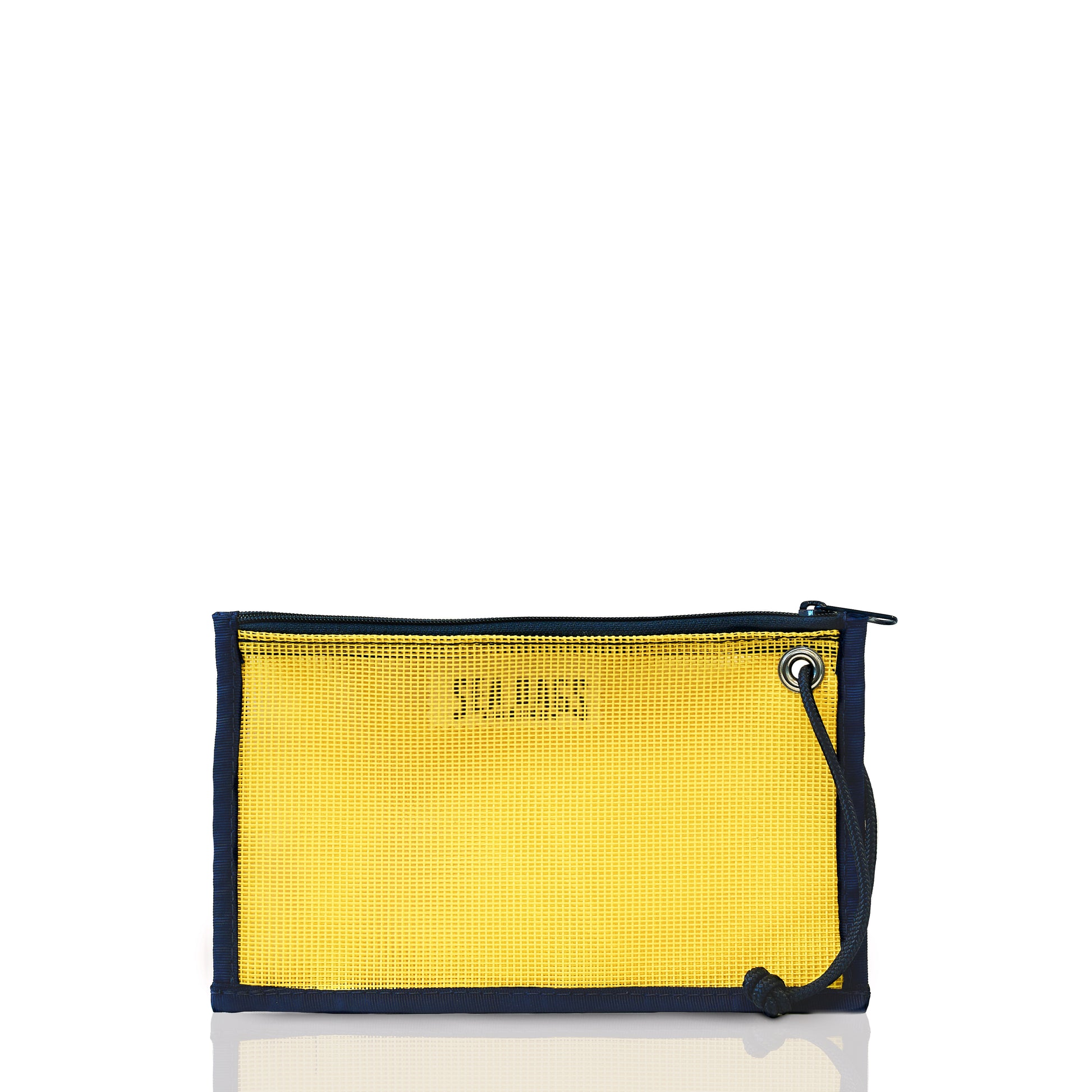 The Sea Bags Goldenrod Mesh Tote Organizer Pouch is a rectangular yellow zippered travel organizer featuring black trim and a black cord looped through a metal grommet in the top right corner, shown against a white background. by Sea Bags