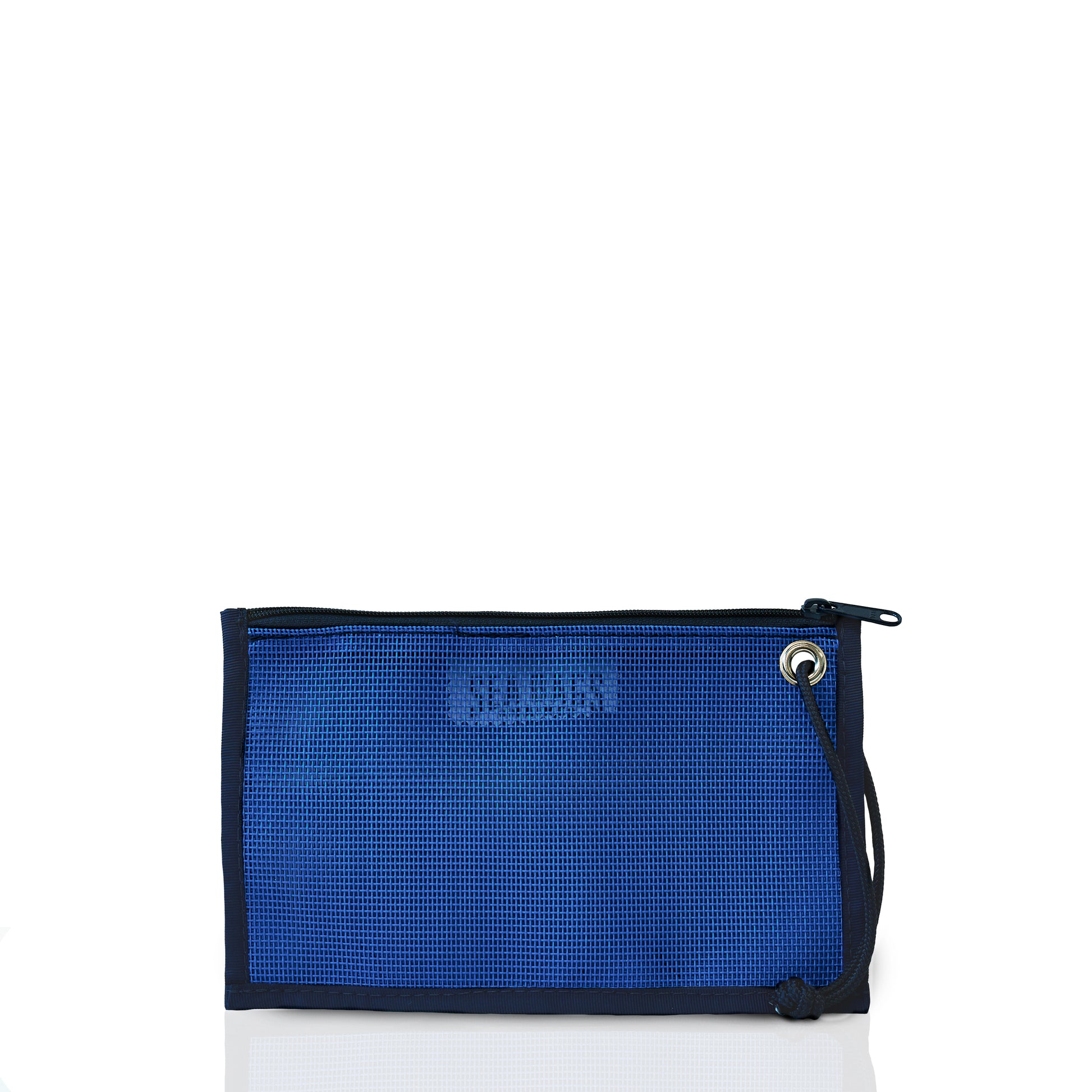 The Sea Bags Harbor Blue Mesh Tote Organizer Pouch is a rectangular blue mesh zippered pouch featuring a wrist strap, silver grommet, and black trim, displayed against a white background—an ideal choice for use as a travel pouch or beach bag organizer. by Sea Bags