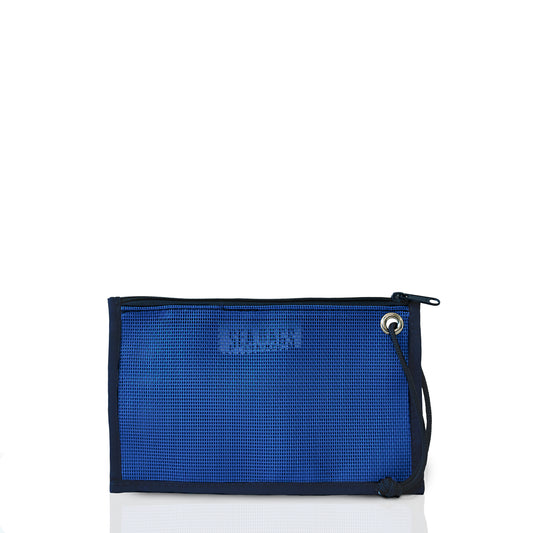 The Sea Bags Harbor Blue Mesh Tote Organizer Pouch is a rectangular blue mesh zippered pouch featuring a wrist strap, silver grommet, and black trim, displayed against a white background—an ideal choice for use as a travel pouch or beach bag organizer. by Sea Bags