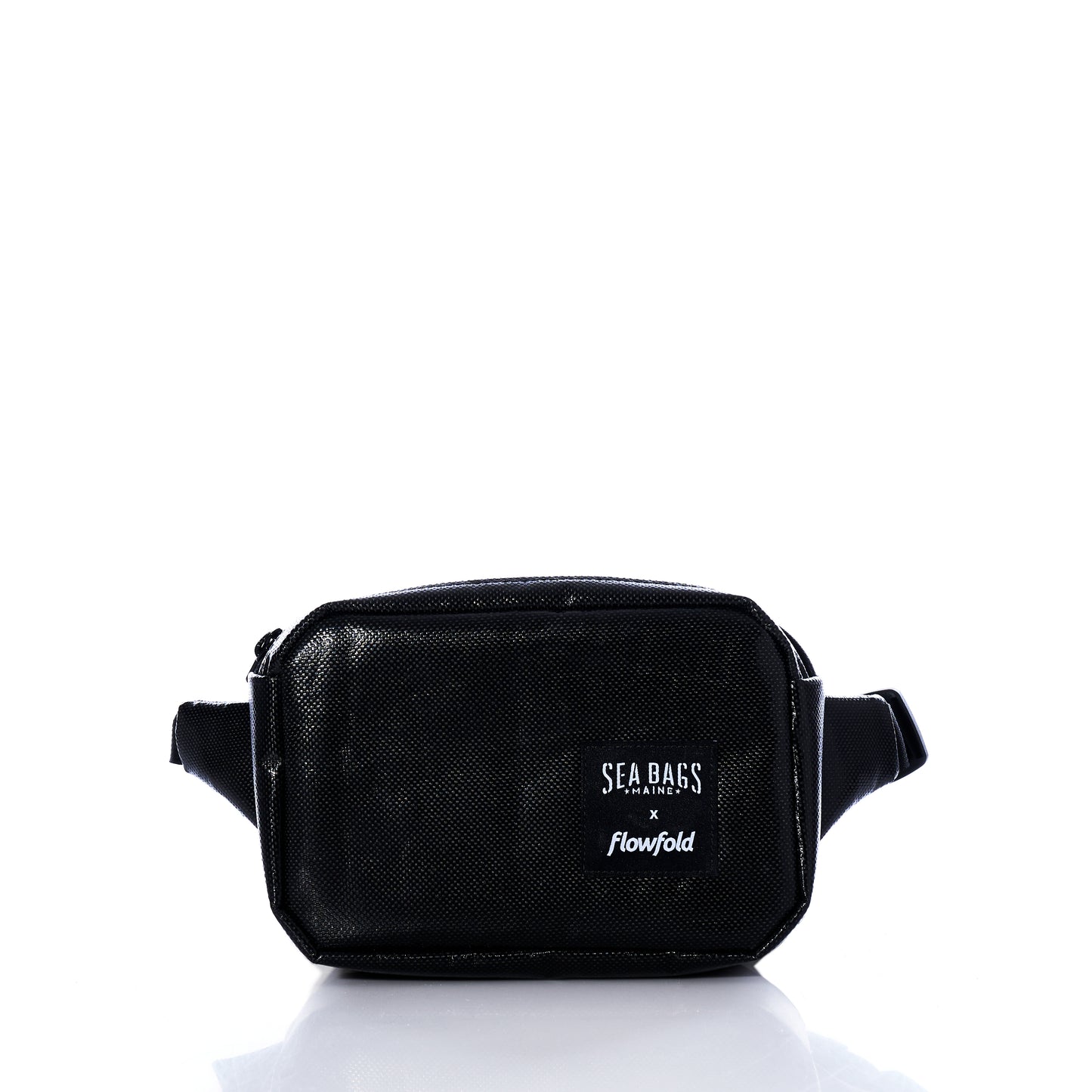 Introducing the Black Dragon Belt Bag from Sea Bags—a black, rectangular, water-resistant waist bag with a zippered main compartment and an adjustable strap. Featuring the Sea Bags logo on the front, this unique accessory is a stylish and practical gift for anyone on the go. by Sea Bags