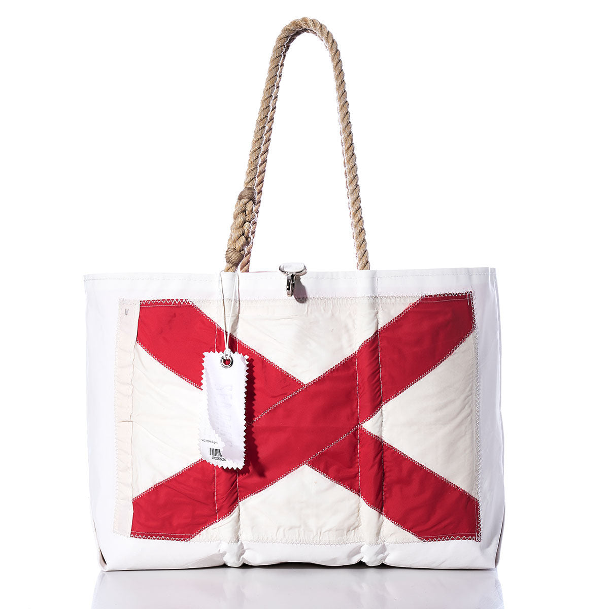 Sea Bags Victor Signal Flag Large Tote is crafted from recycled sail cloth and features a bold red X design inspired by maritime signal flags on the front, finished with sturdy rope handles and a crisp white hang tag. by Sea Bags