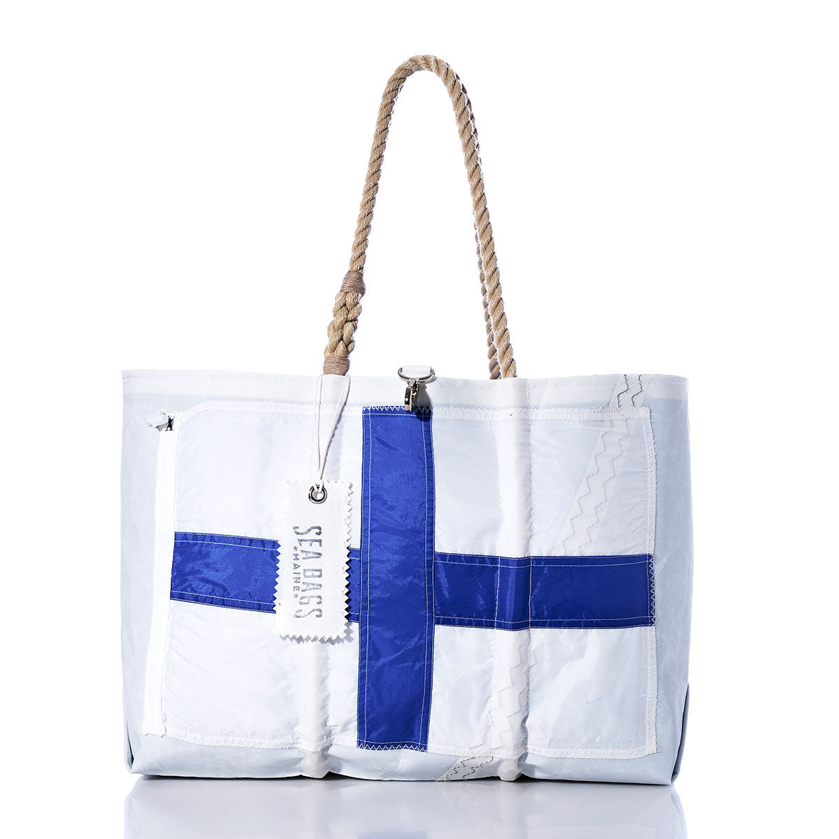 Sea Bags Xray Signal Flag Large Tote, handcrafted from vintage sail cloth, features rope handles and a blue cross design on the front, with a SEA BAGS tag. by Sea Bags