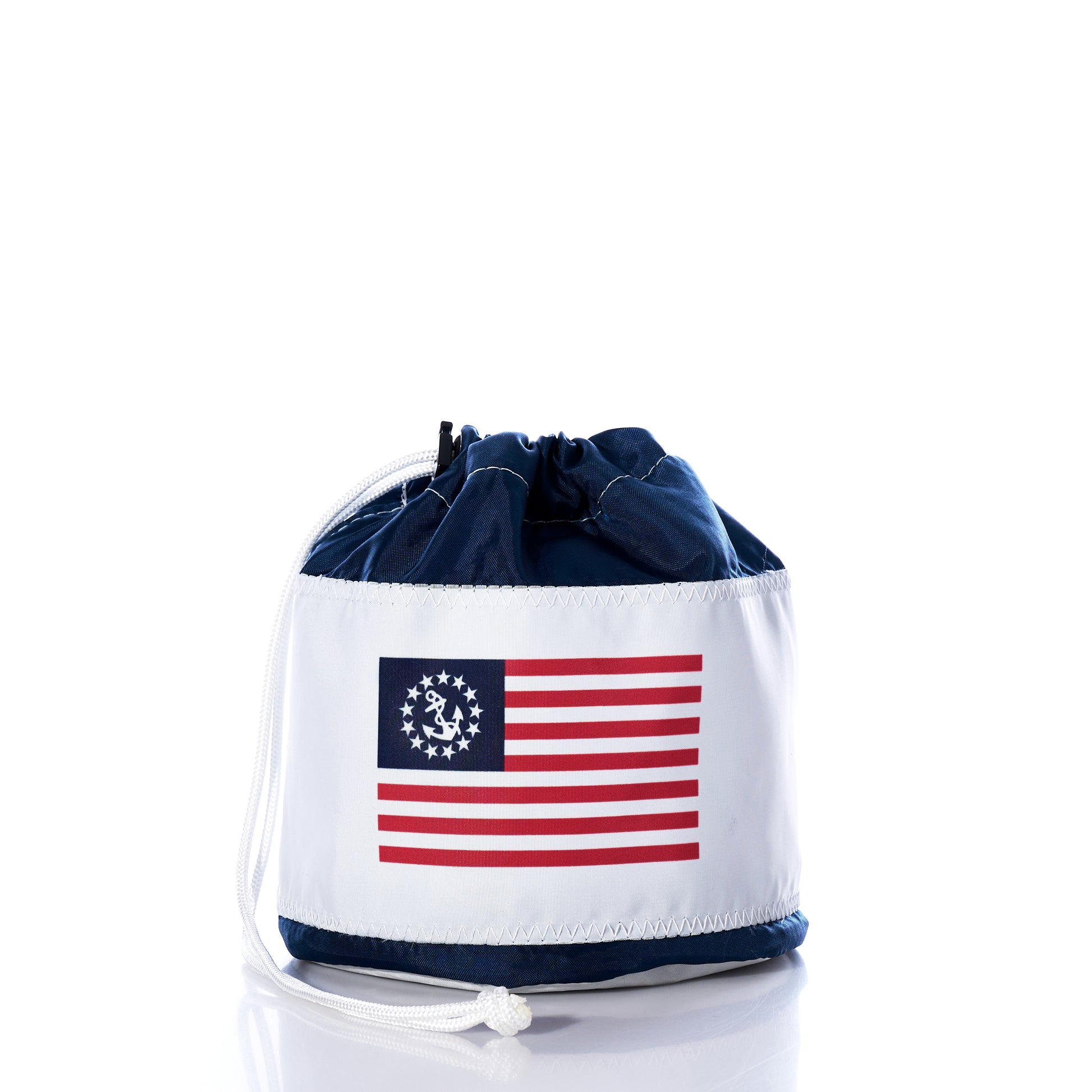 The Sea Bags U.S. Yacht Ensign Ditty Bag is a small drawstring bag featuring a Betsy Ross American flag design on white fabric, handcrafted with sustainable craftsmanship and photographed against a white background. by Sea Bags