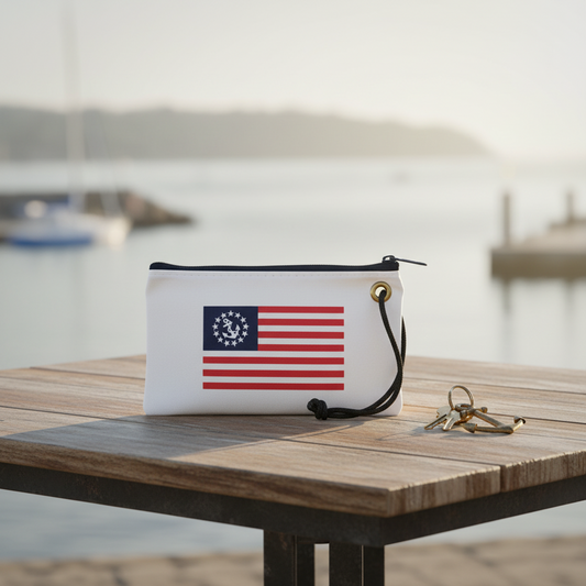 The Sea Bags U.S. Yacht Ensign Wristlet, crafted from recycled sail cloth and featuring an early American flag design, rests on a wooden table by the waterfront with boats in the background—showcasing timeless nautical style and sustainable craftsmanship. by Sea Bags