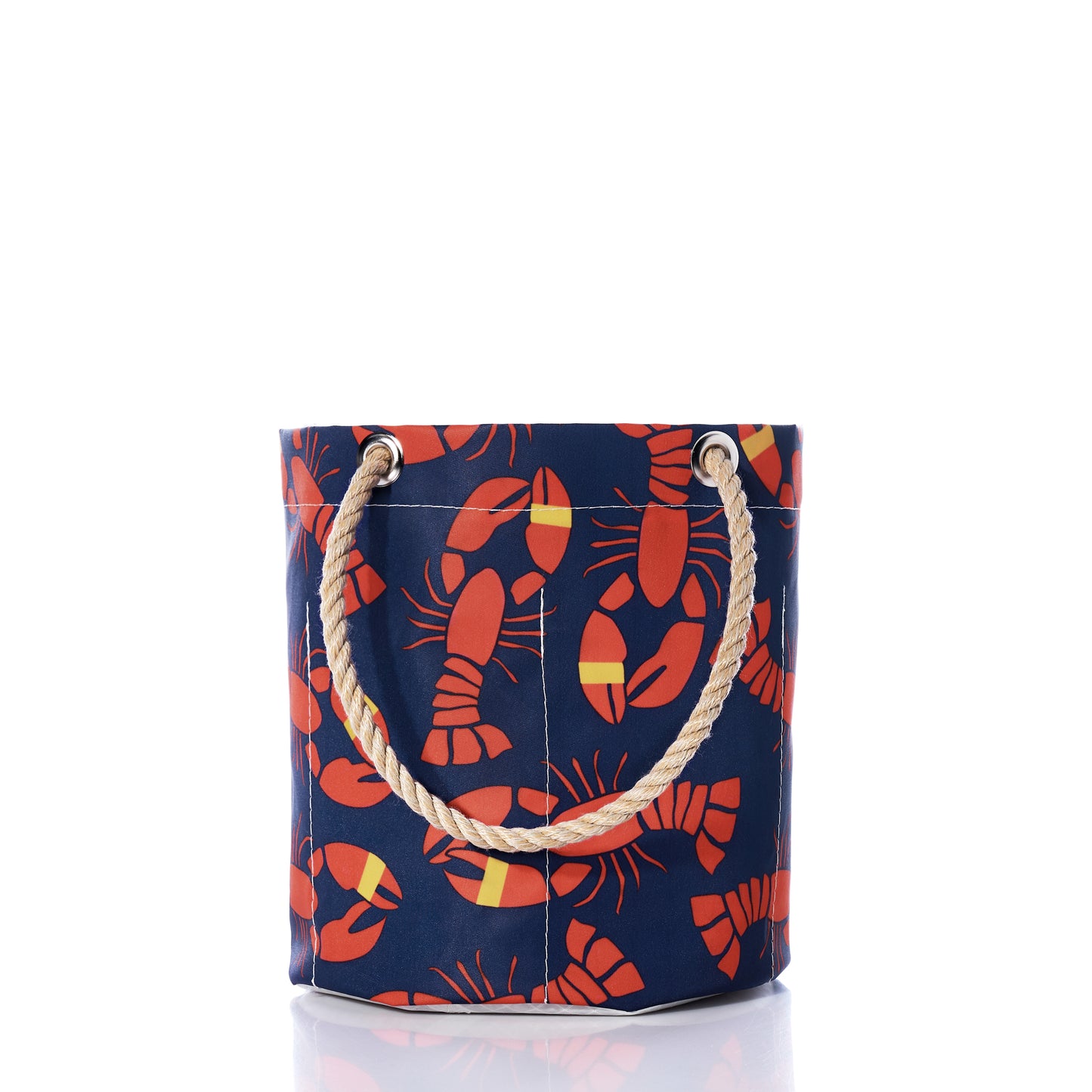 The Sea Bags Lobster Bake Beverage Bucket features a bold red lobster pattern on navy blue recycled sail cloth, finished with sturdy rope handles and displayed against a white background. by Sea Bags
