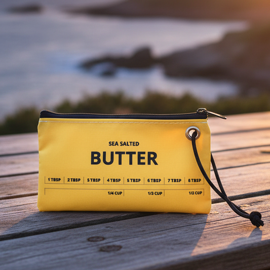 A yellow Butter Wristlet by Sea Bags, made from recycled sail cloth and featuring measurement markings along with a zipper, rests on a wooden surface outdoors near the ocean at sunset. by Sea Bags