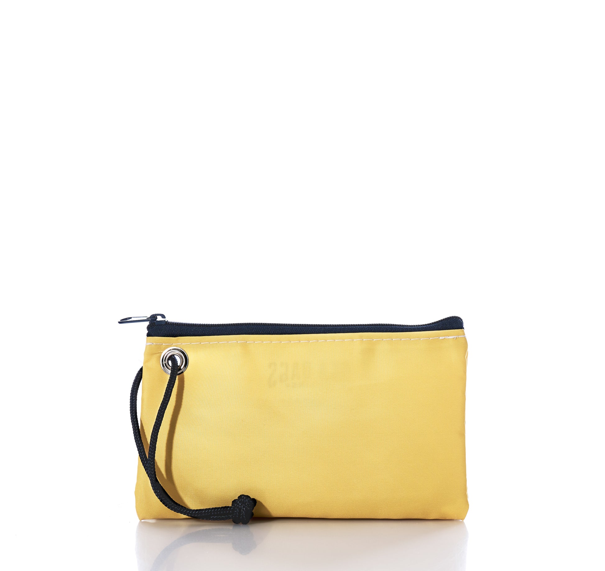The Sea Bags Butter Wristlet, a small yellow zippered pouch crafted from recycled sail cloth and featuring a black wrist strap, is displayed against a white background. by Sea Bags