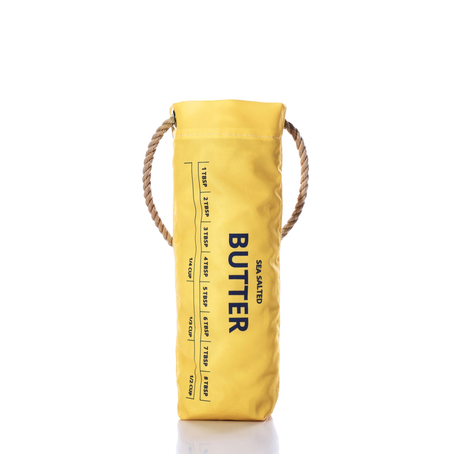 The Butter Wine Bag by Sea Bags, crafted from recycled sail cloth and featuring rope handles, measurement markings, and a SEA SALTED BUTTER label in yellow insulation, stands upright on a white background—an ideal wine bag for your next lobster bake. by Sea Bags