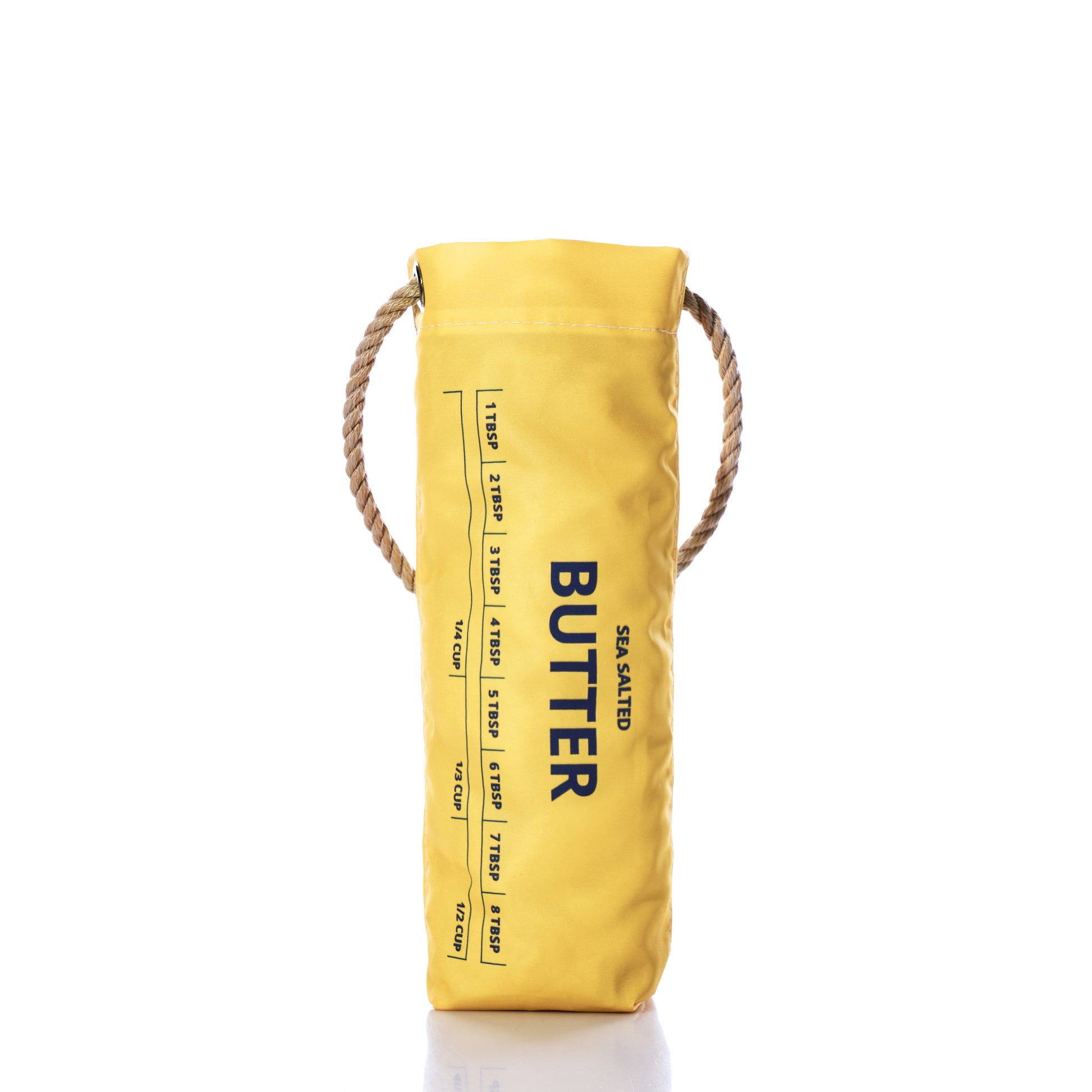 The Butter Wine Bag by Sea Bags, crafted from recycled sail cloth and featuring rope handles, measurement markings, and a SEA SALTED BUTTER label in yellow insulation, stands upright on a white background—an ideal wine bag for your next lobster bake. by Sea Bags