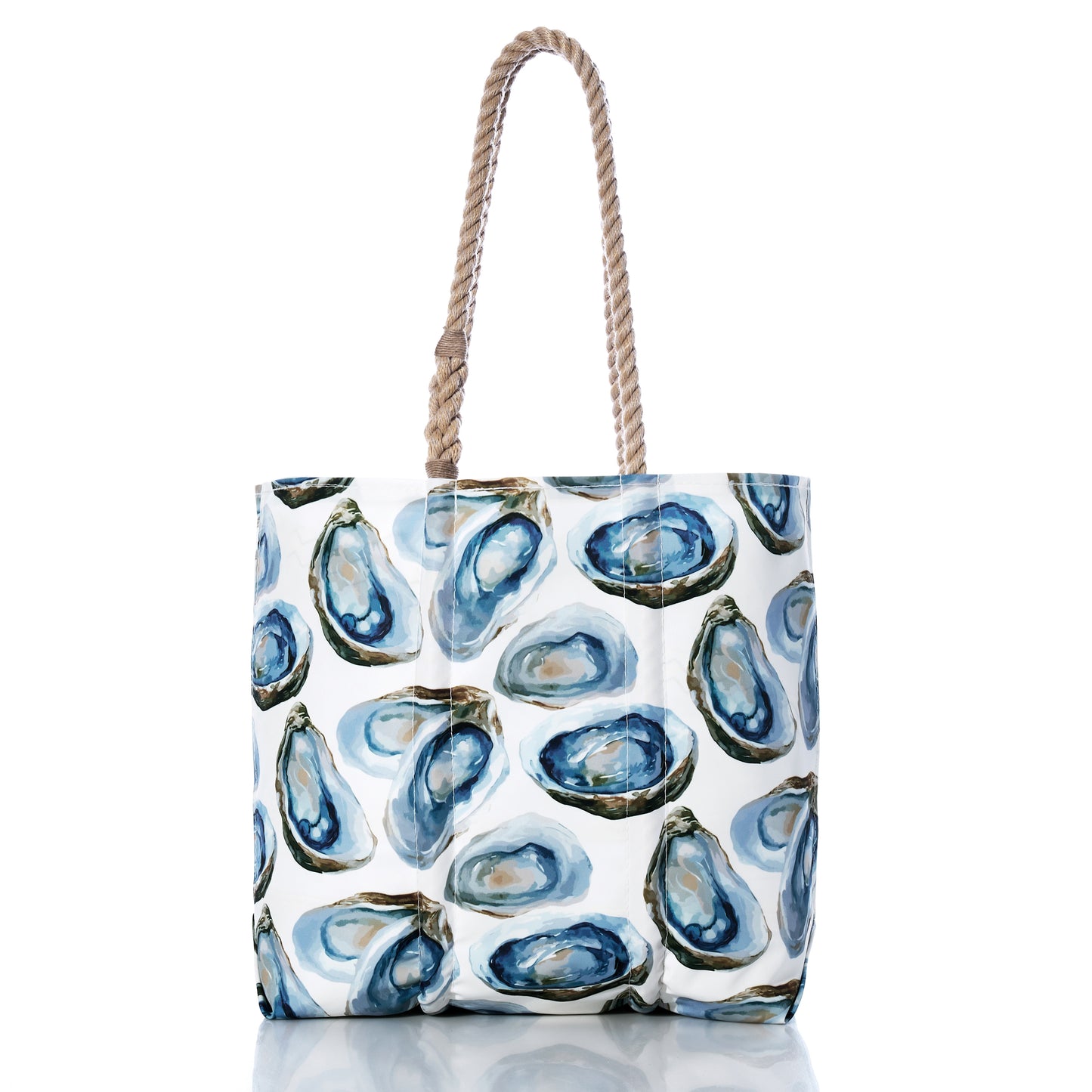 Introducing the Watercolor Oyster Medium Tote by Sea Bags—a white tote adorned with a blue and green oyster shell pattern evocative of watercolor artistry. Crafted from recycled sail cloth, this coastal beach tote is finished with two thick twisted rope handles, and is displayed here against a plain white background. by Sea Bags