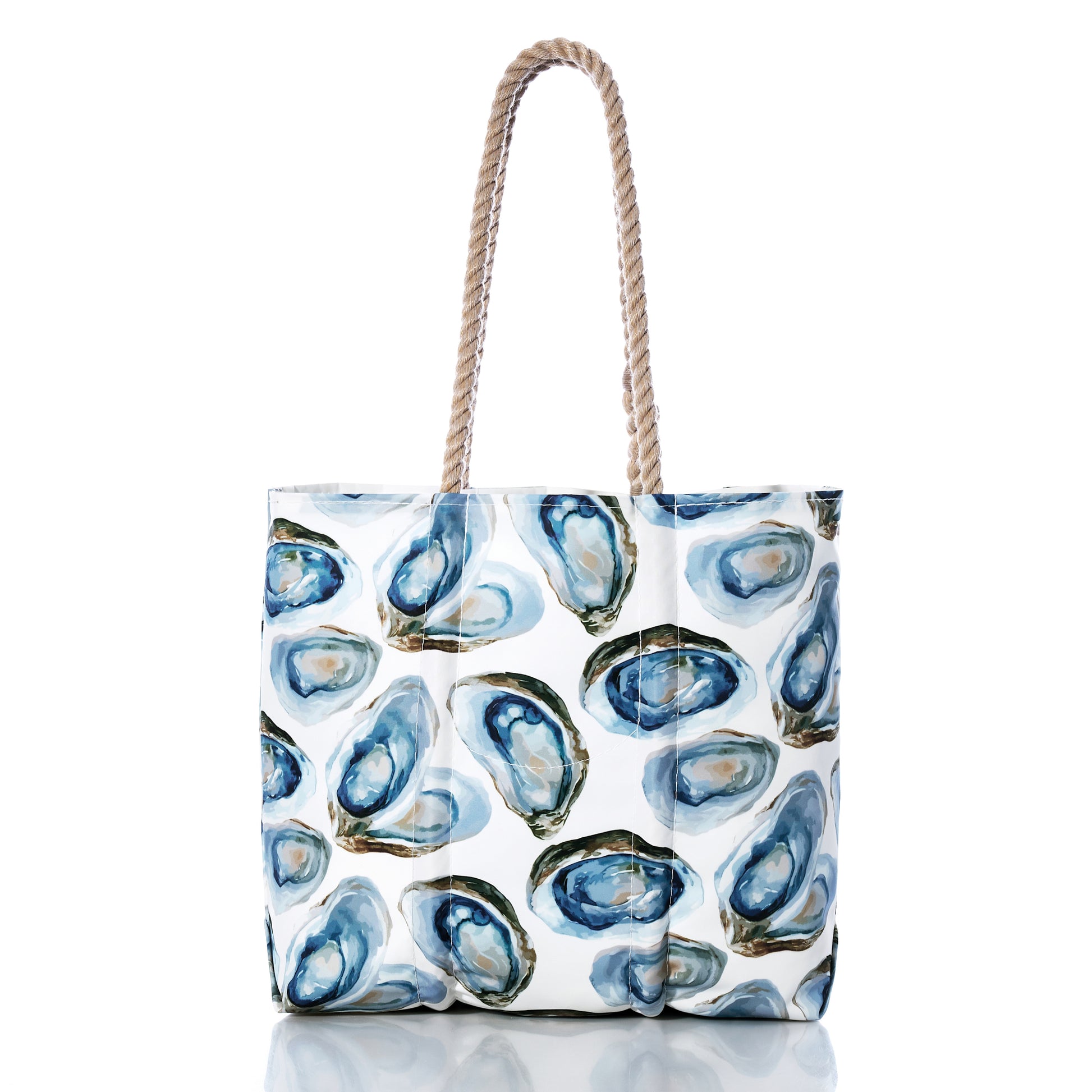 Sea Bags Watercolor Oyster Medium Tote features rope handles and a striking blue and green watercolor oyster shell pattern on a white background. This coastal beach tote is ideal for seaside adventures, capturing the easy charm of a watercolor oyster design. by Sea Bags