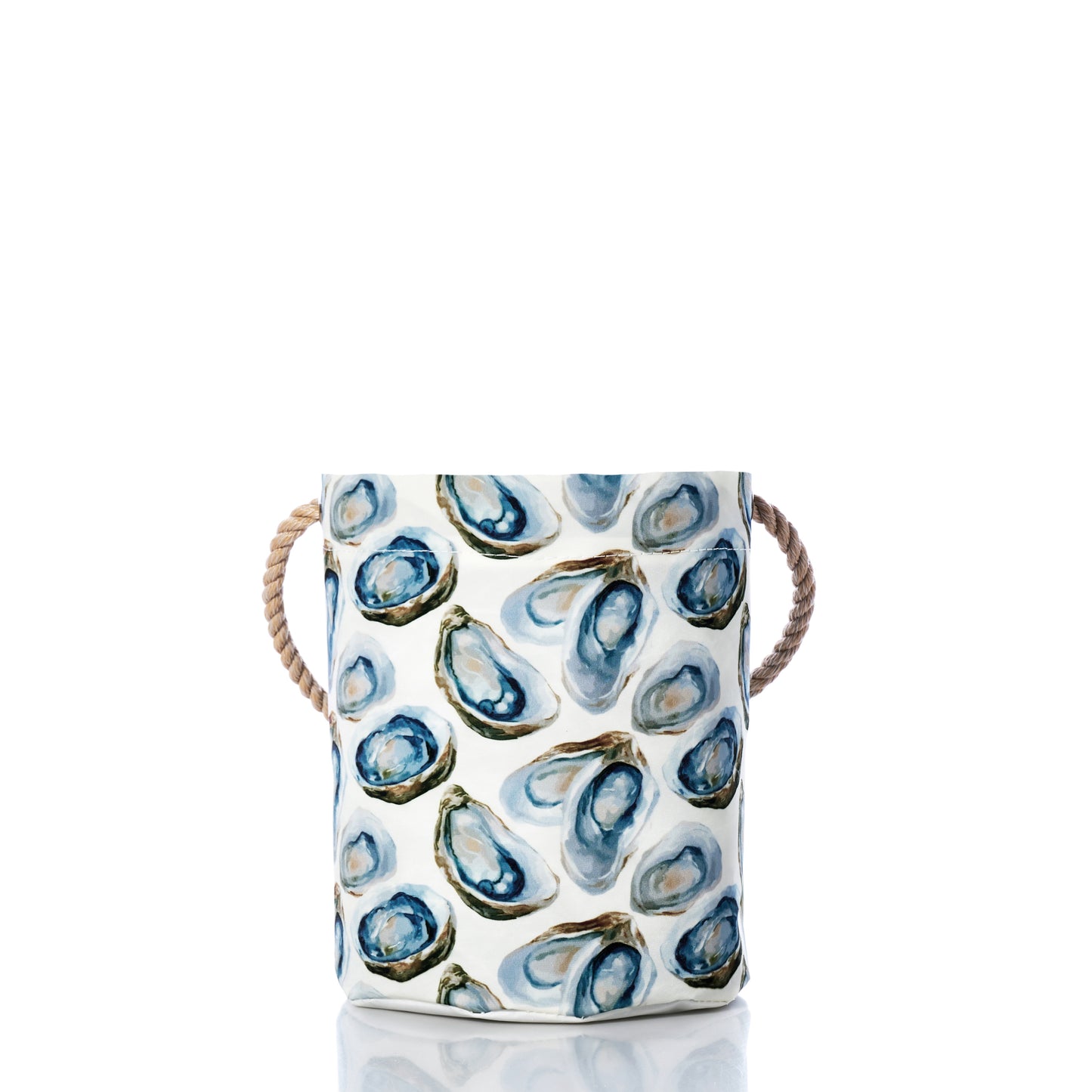 The Watercolor Oyster Bucket by Sea Bags is a white cylindrical container made from recycled sail cloth, adorned with an eye-catching blue watercolor oyster print and finished with rope handles on both sides—capturing the coastal charm of a bucket bag against a crisp white background. by Sea Bags