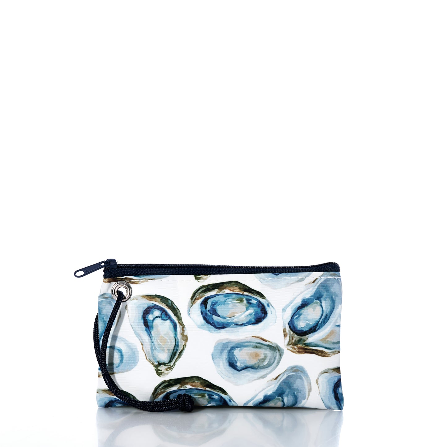 The Sea Bags Watercolor Oyster Wristlet is a small zippered pouch with a wrist strap, crafted from recycled sail cloth and adorned with a blue and green watercolor oyster print, shown on a white background—a stylish coastal accessory perfect for carrying your essentials. by Sea Bags