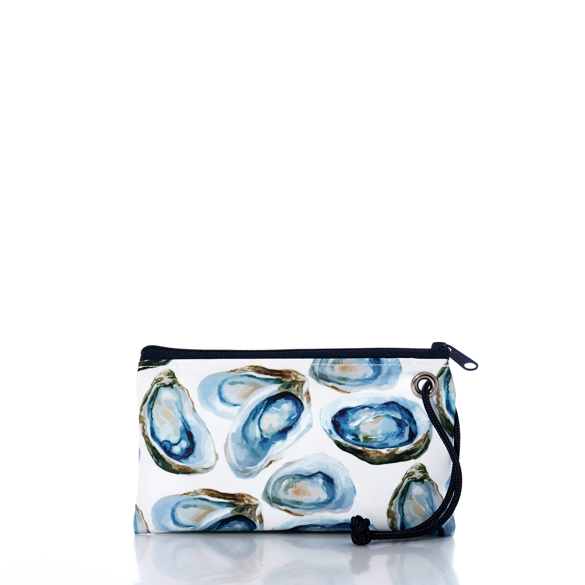 Introducing the Watercolor Oyster Wristlet by Sea Bags—a small zippered pouch with a black wrist strap, featuring a beautiful watercolor oyster print on white, crafted from recycled sail cloth for a coastal accessory that blends style and sustainability. by Sea Bags
