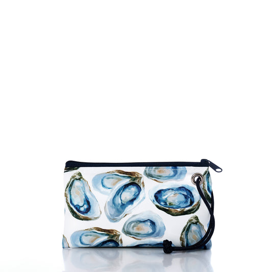 Introducing the Watercolor Oyster Wristlet by Sea Bags—a small zippered pouch with a black wrist strap, featuring a beautiful watercolor oyster print on white, crafted from recycled sail cloth for a coastal accessory that blends style and sustainability. by Sea Bags