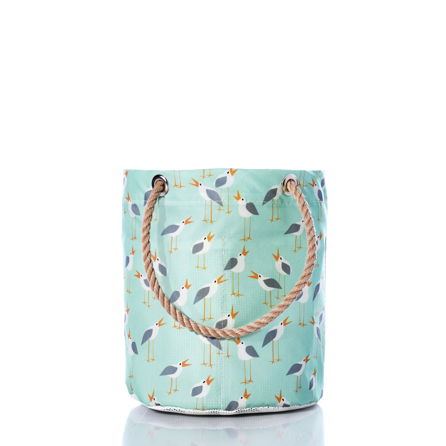 Introducing the Sea Bags Wharf Gulls Beachcomber Bucket—a light blue fabric tote with rope handles, adorned with a repeating pattern of stylized seagulls and yellow beaks on a white background. This charming beach bag features durable construction inspired by recycled sail cloth, making it perfect for seaside adventures while capturing a breezy coastal feel. by Sea Bags