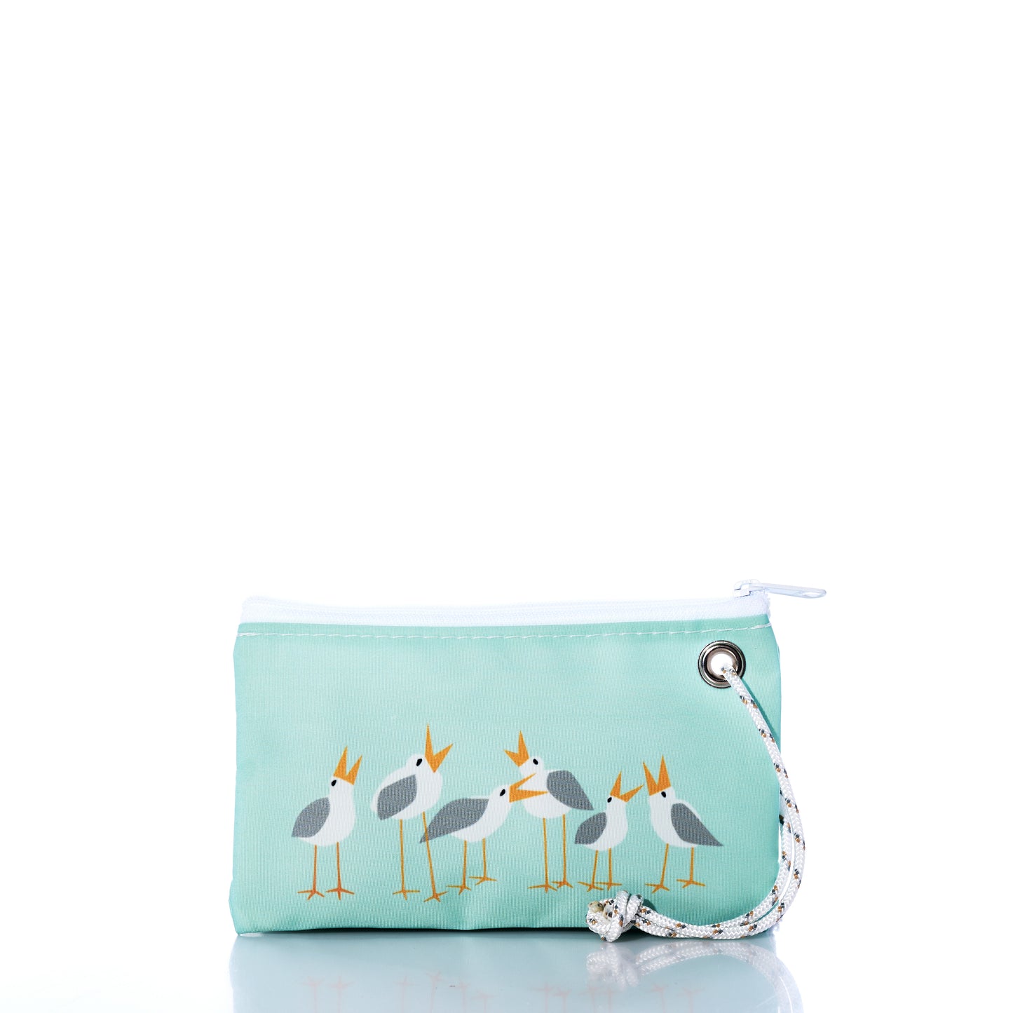 Introducing the Wharf Gulls Wristlet by Sea Bags—a small aqua zippered pouch crafted from recycled sail cloth and adorned with a playful print of five cartoon seagulls. Designed by Kate Nelligan, this charming accessory features white trim, a white cord with a metal grommet on the right side, and is showcased against a white background. by Sea Bags