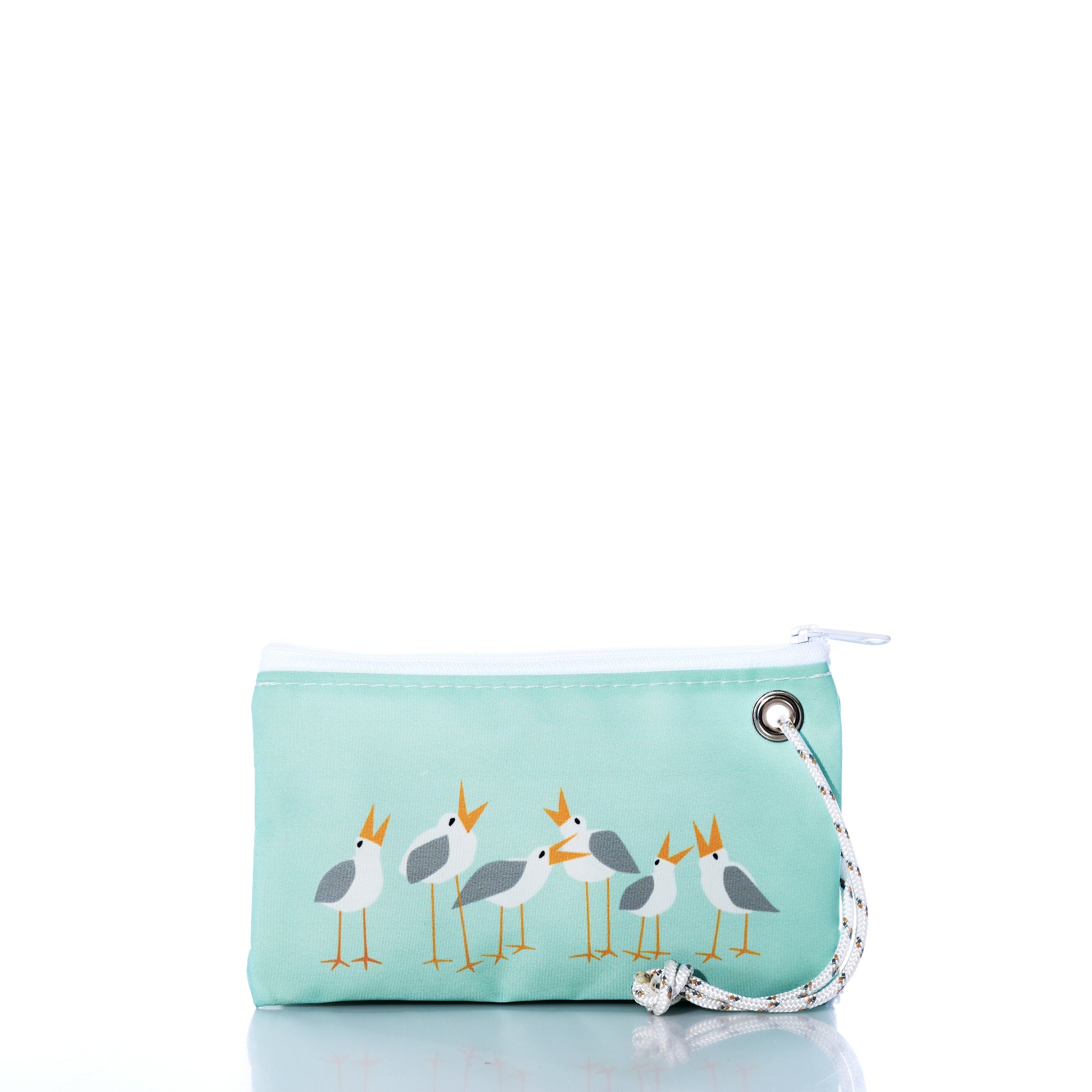 Introducing the Wharf Gulls Wristlet by Sea Bags—a small aqua zippered pouch crafted from recycled sail cloth and adorned with a playful print of five cartoon seagulls. Designed by Kate Nelligan, this charming accessory features white trim, a white cord with a metal grommet on the right side, and is showcased against a white background. by Sea Bags