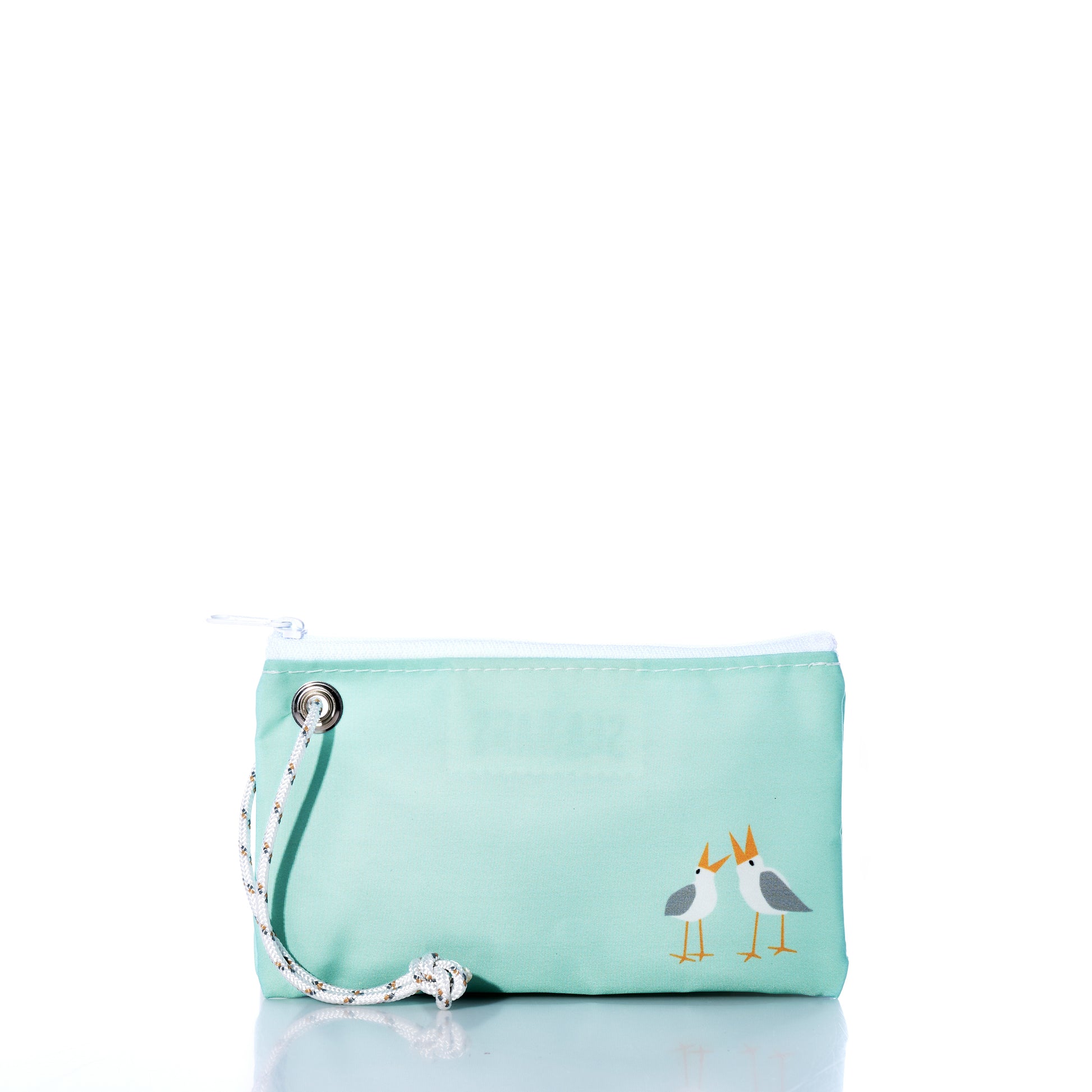 The Wharf Gulls Wristlet by Sea Bags is a light blue zippered pouch made from recycled sail cloth, featuring a white string loop and Kate Nelligan’s illustration of two sea gulls standing side by side in the lower right corner—a charming accessory perfect for carrying your everyday essentials. by Sea Bags