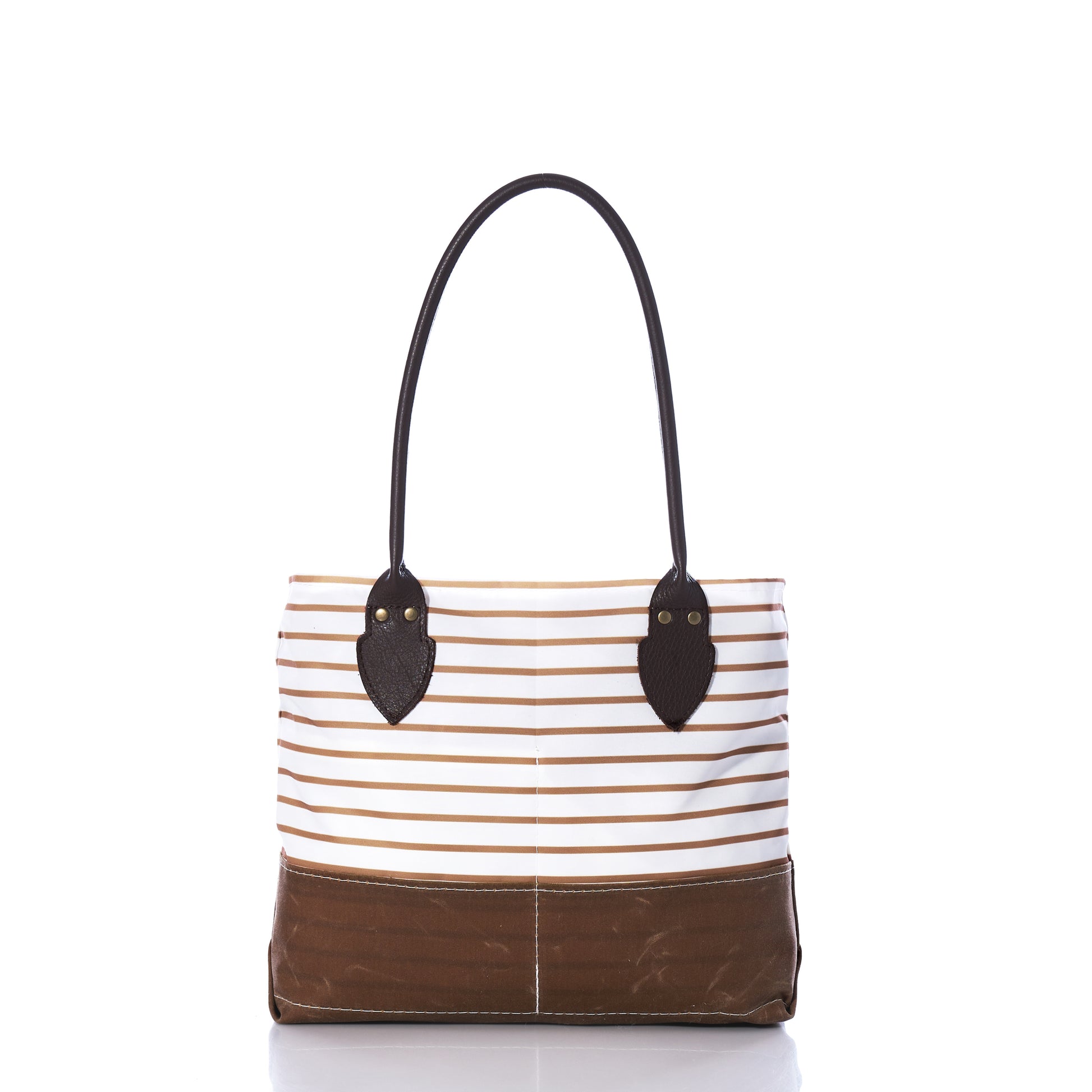 The Sea Bags Tan Chebeague Stripe Handbag, inspired by nautical designs and crafted from recycled sail cloth, features brown handles and a brown bottom. Displayed against a white background, its the perfect accessory for strolls along Chebeague Island. by Sea Bags