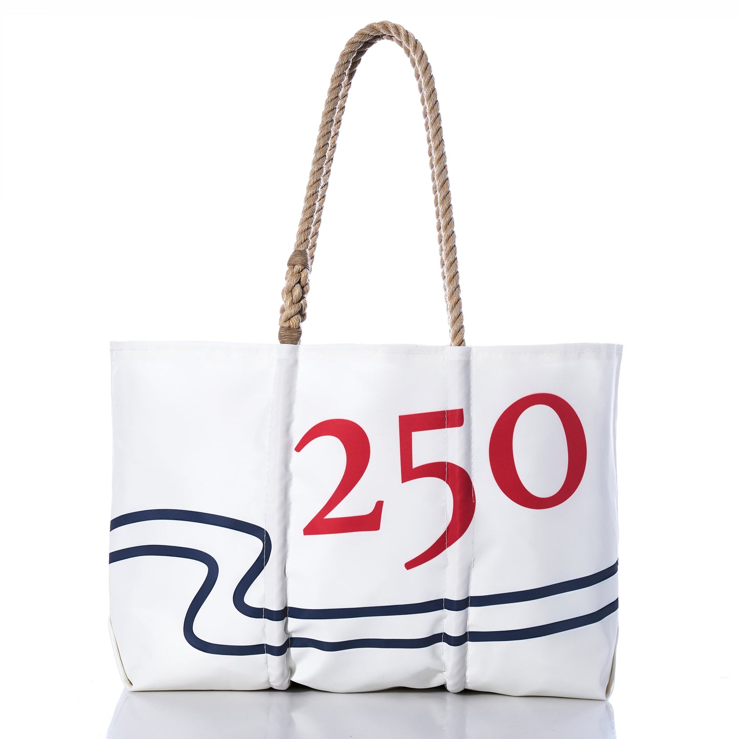 The Sea Bags 250th Patriotic Large Tote, handcrafted in Maine from recycled sail cloth, features rope handles, a bold blue wavy line, and a prominent red 250 on the front; shown photographed against a white background. by Sea Bags