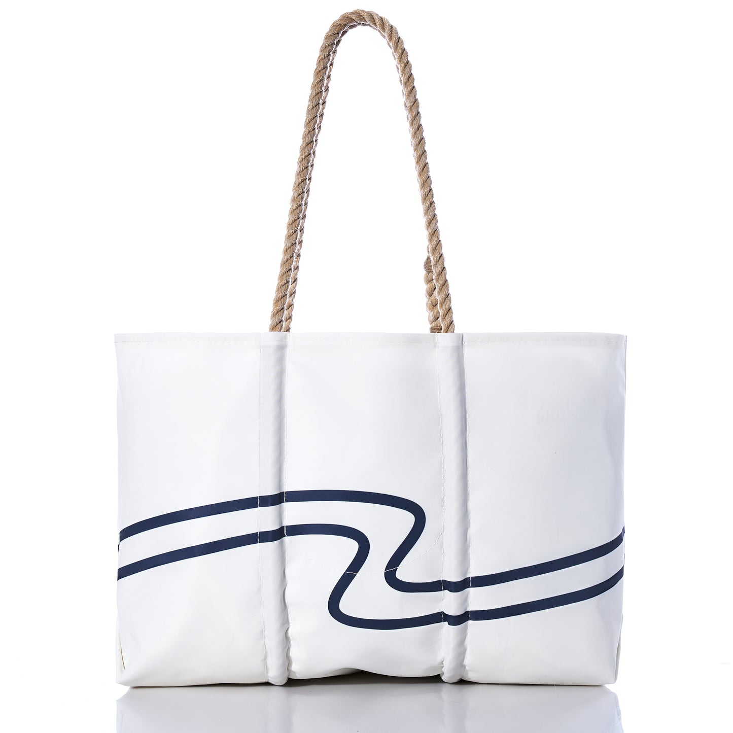 Sea Bags 250th Patriotic Large Tote, handcrafted in Maine from recycled sail cloth, features a navy blue wavy stripe design, three vertical seams, and two sturdy rope handles. Shown on a white background. by Sea Bags