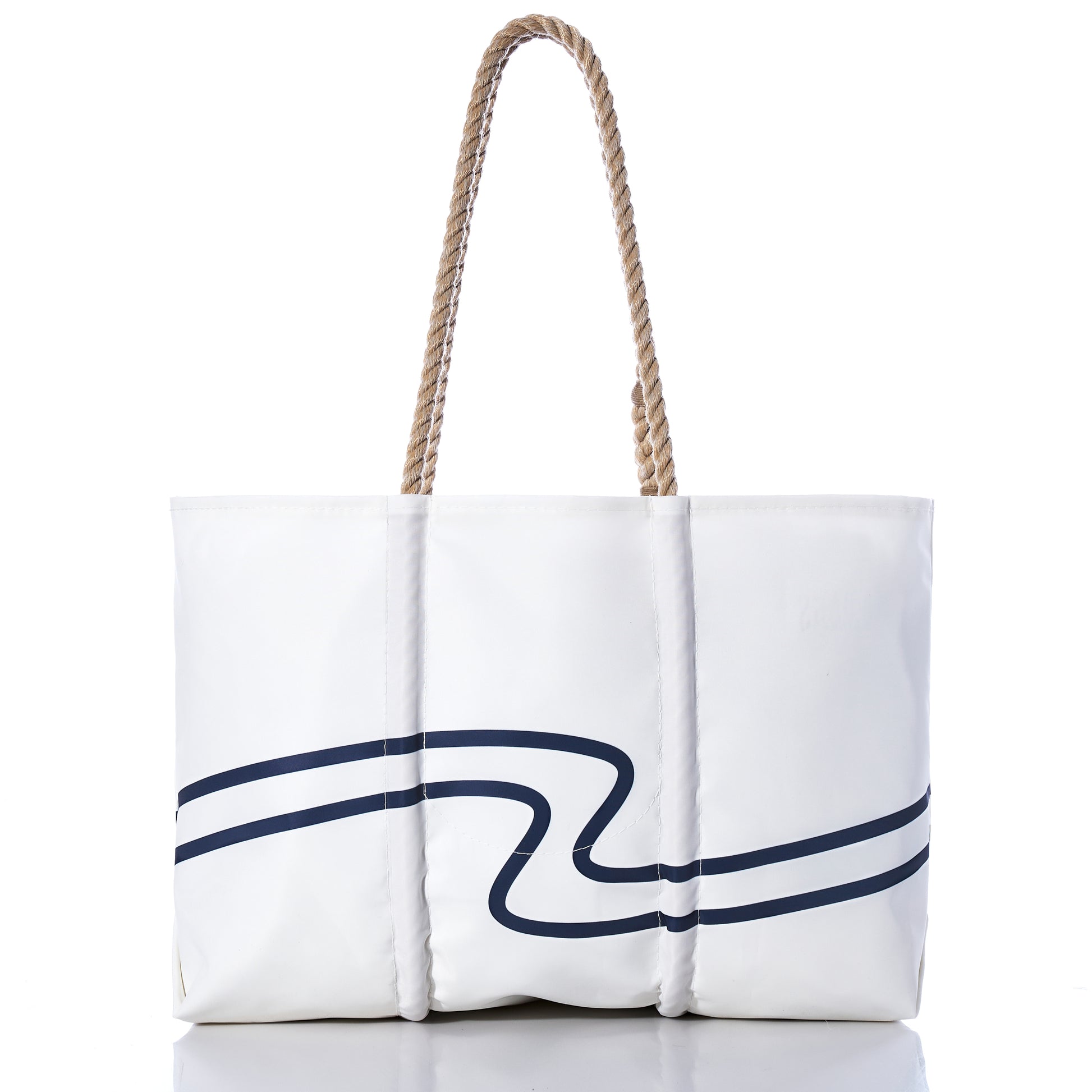 Sea Bags 250th Patriotic Large Tote, handcrafted in Maine from recycled sail cloth, features a navy blue wavy stripe design, three vertical seams, and two sturdy rope handles. Shown on a white background. by Sea Bags