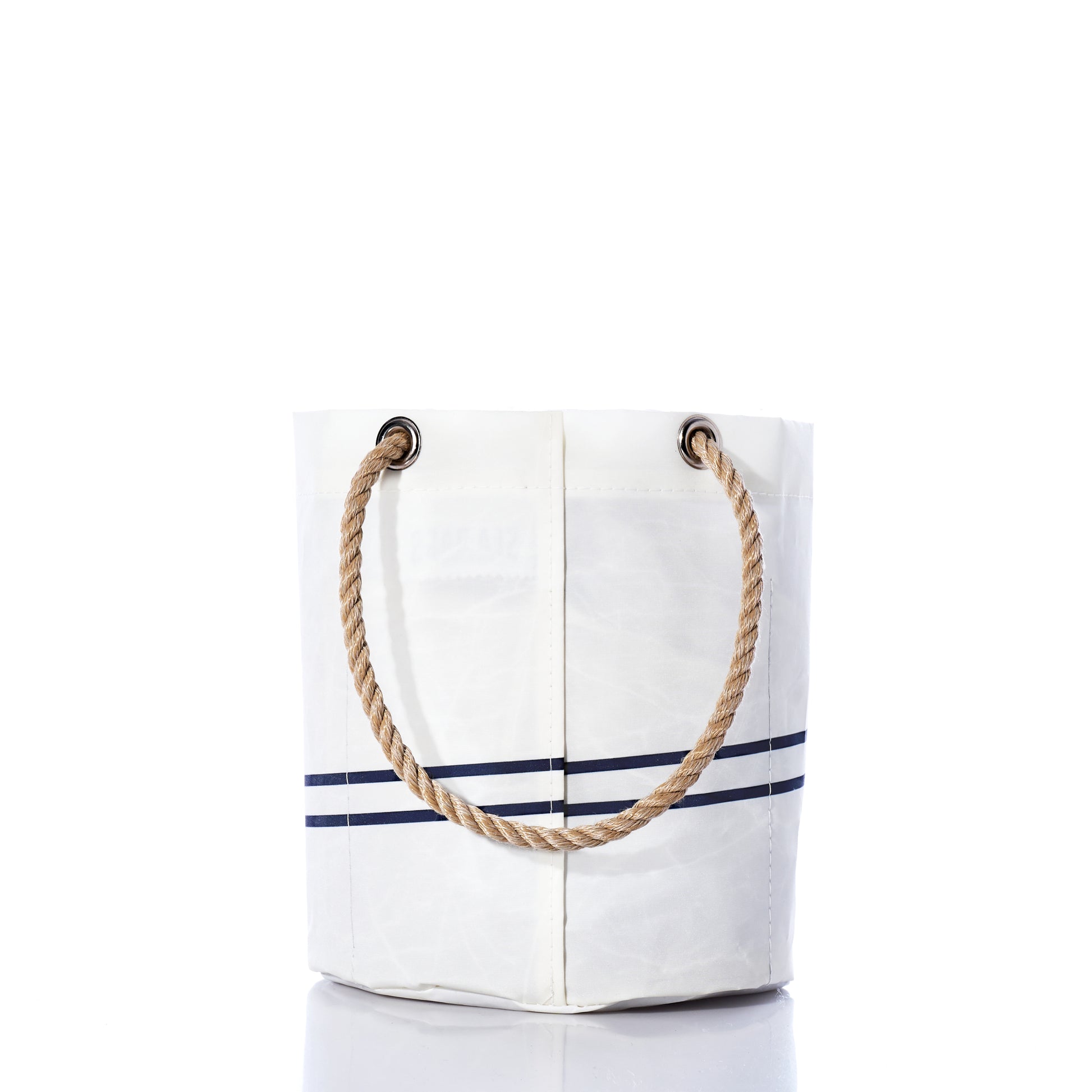 250th Patriotic Beverage Bucket Bag by Sea Bags, featuring two navy blue horizontal stripes near the bottom and thick rope handles, handcrafted in Maine as part of the USA 250 Collection and shown against a white background. by Sea Bags