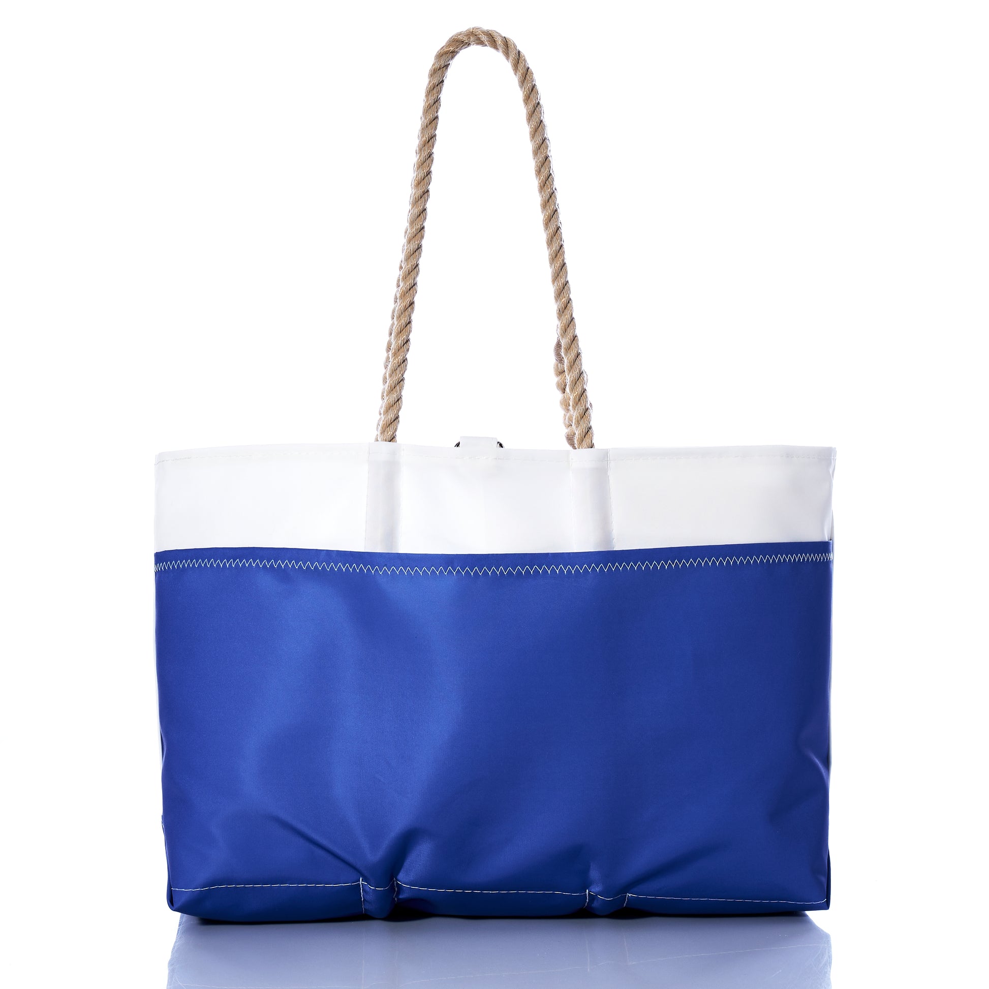 Sea Bags Custom Date Ogunquit Beach Tote, crafted from recycled sailcloth with blue and white accents and sturdy rope handles, photographed on a white background. by Sea Bags