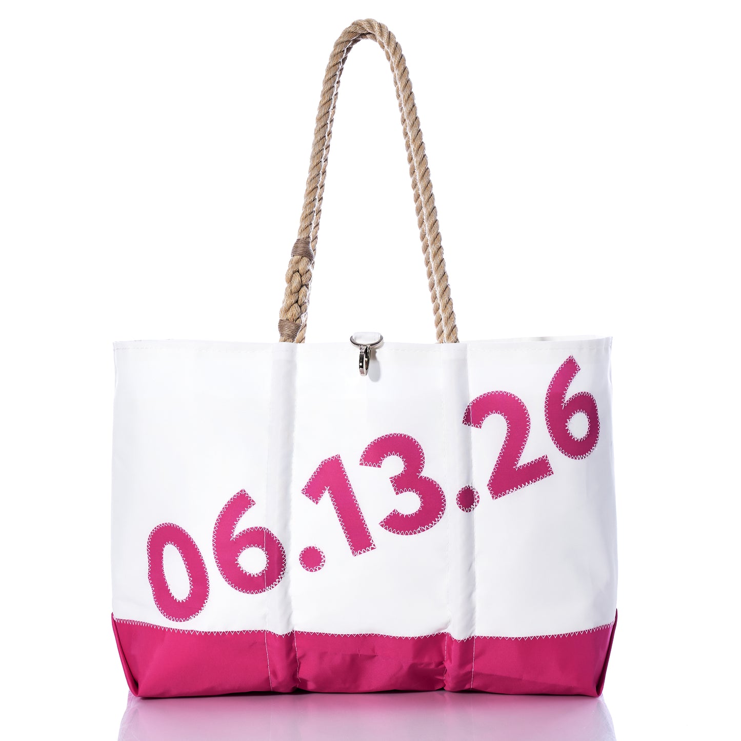 Introducing the Sea Bags Custom Date Ogunquit Beach Tote—a white and pink personalized tote bag with rope handles, expertly crafted from recycled sailcloth and adorned with the numbers 06.13.26 in bold pink font across the front, making it a perfect keepsake for your special beach date. by Sea Bags